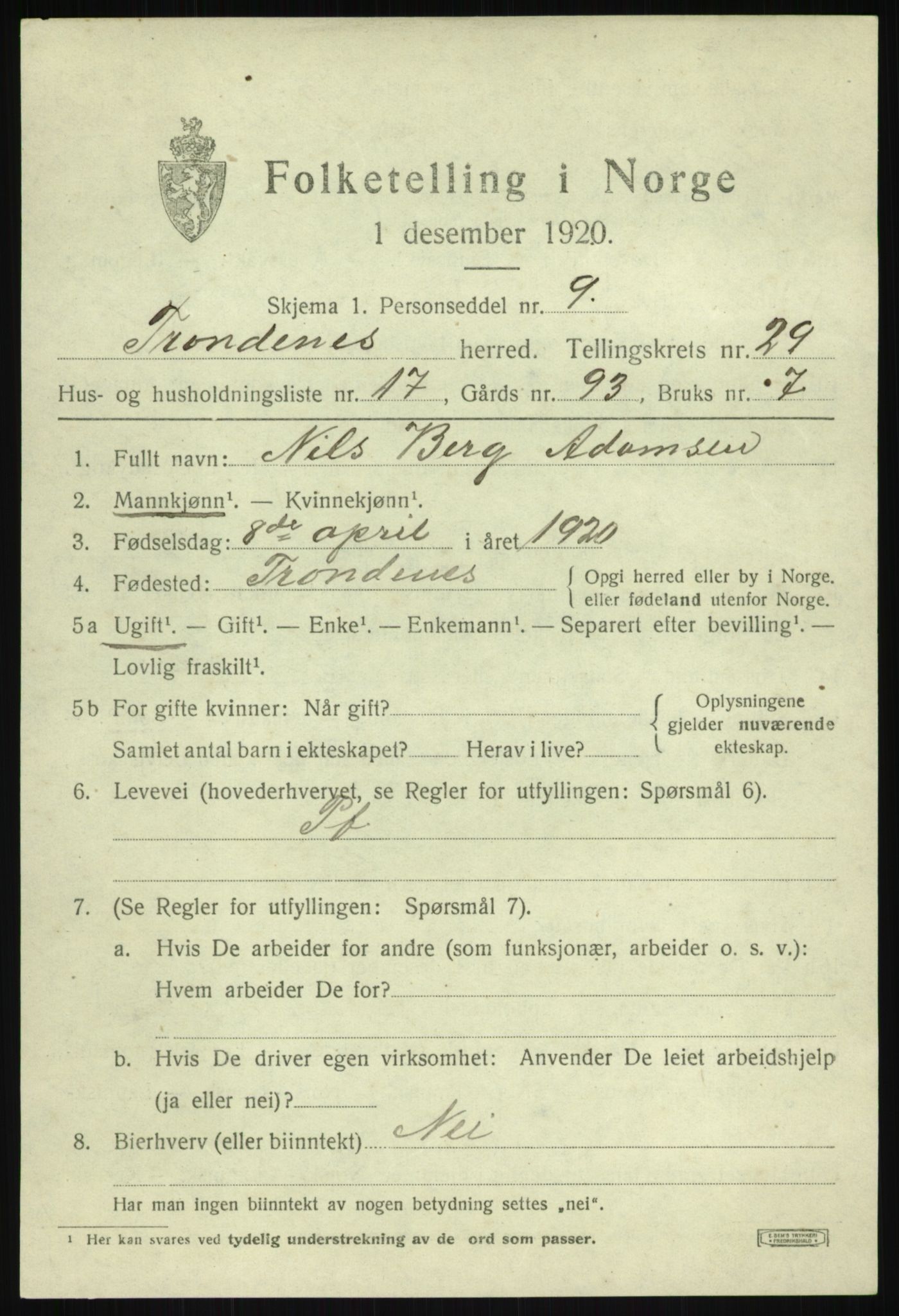 SATØ, 1920 census for Trondenes, 1920, p. 21047