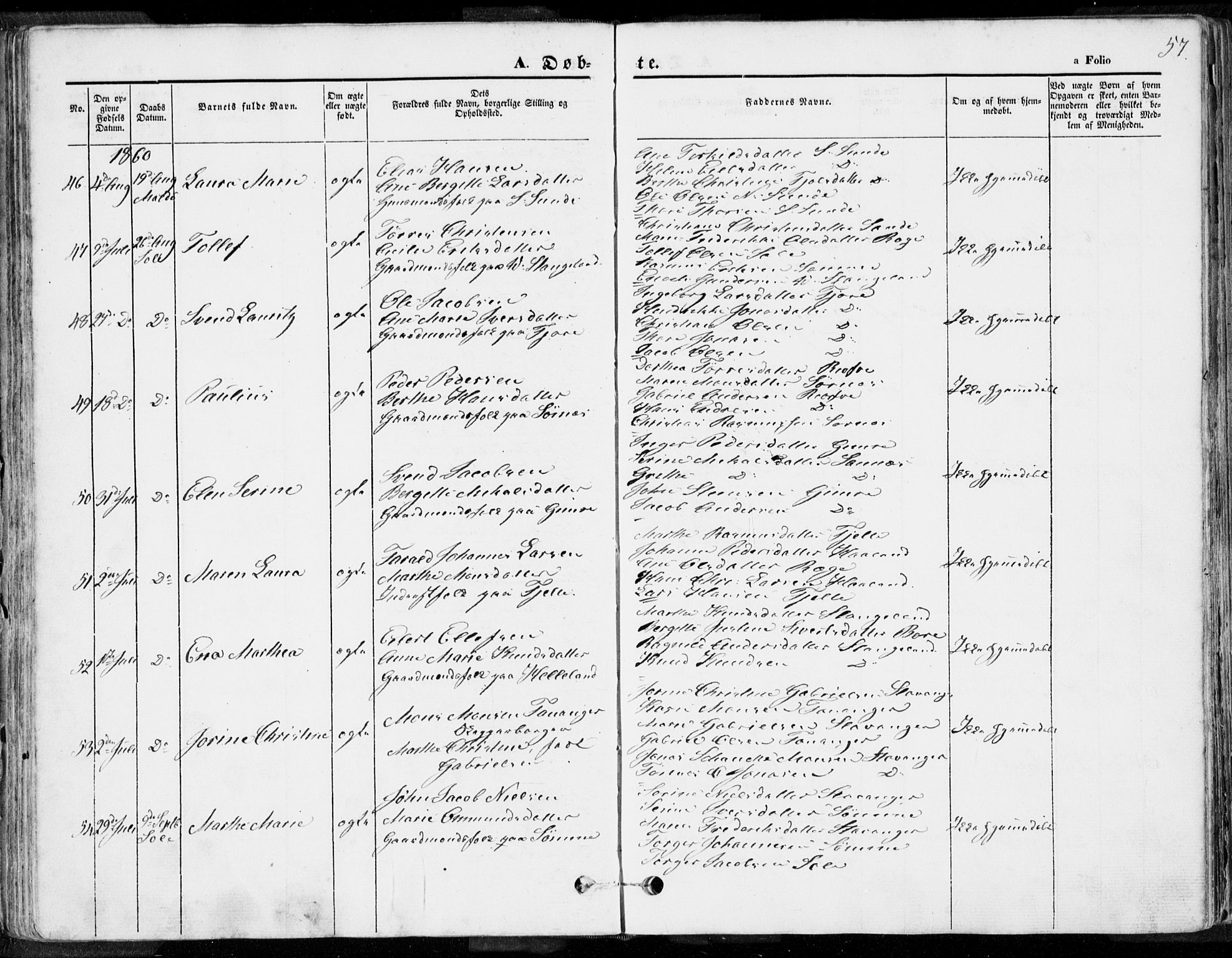 Håland sokneprestkontor, SAST/A-101802/001/30BA/L0007: Parish register (official) no. A 7.1, 1854-1870, p. 57
