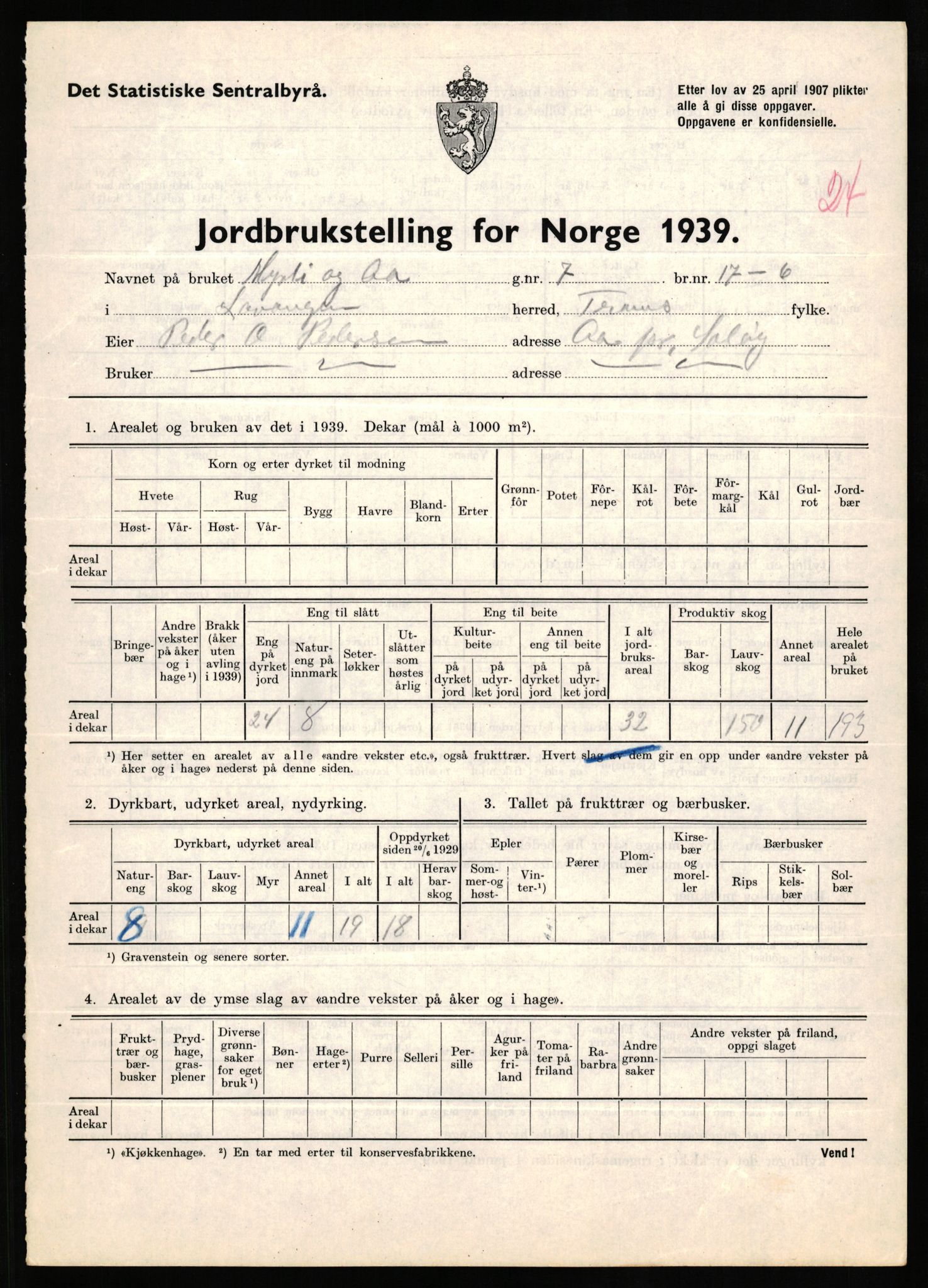 Statistisk sentralbyrå, Næringsøkonomiske emner, Jordbruk, skogbruk, jakt, fiske og fangst, AV/RA-S-2234/G/Gb/L0339: Troms: Andørja, Astafjord og Lavangen, 1939, p. 1048
