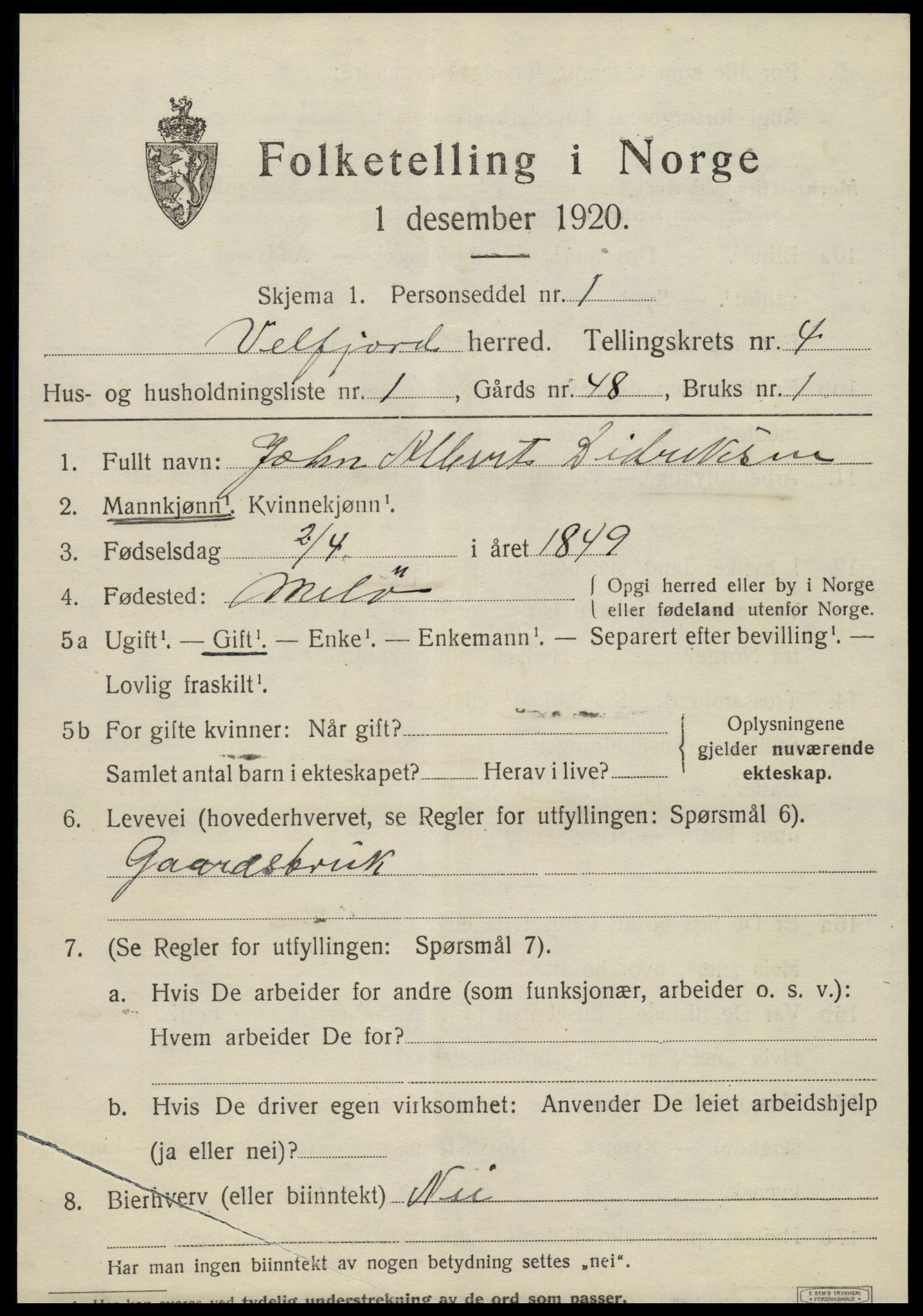 SAT, 1920 census for Velfjord, 1920, p. 2711