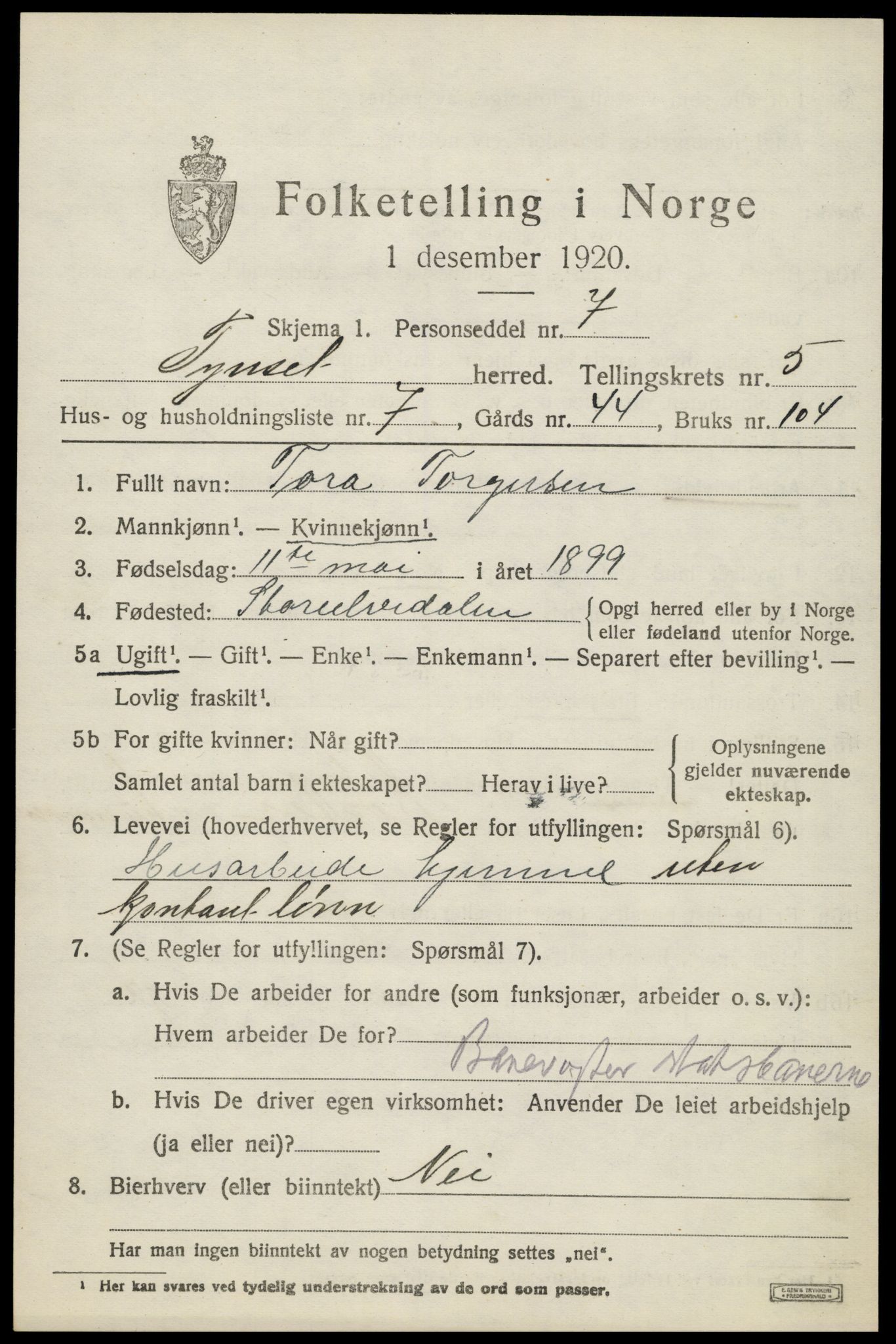 SAH, 1920 census for Tynset, 1920, p. 4196