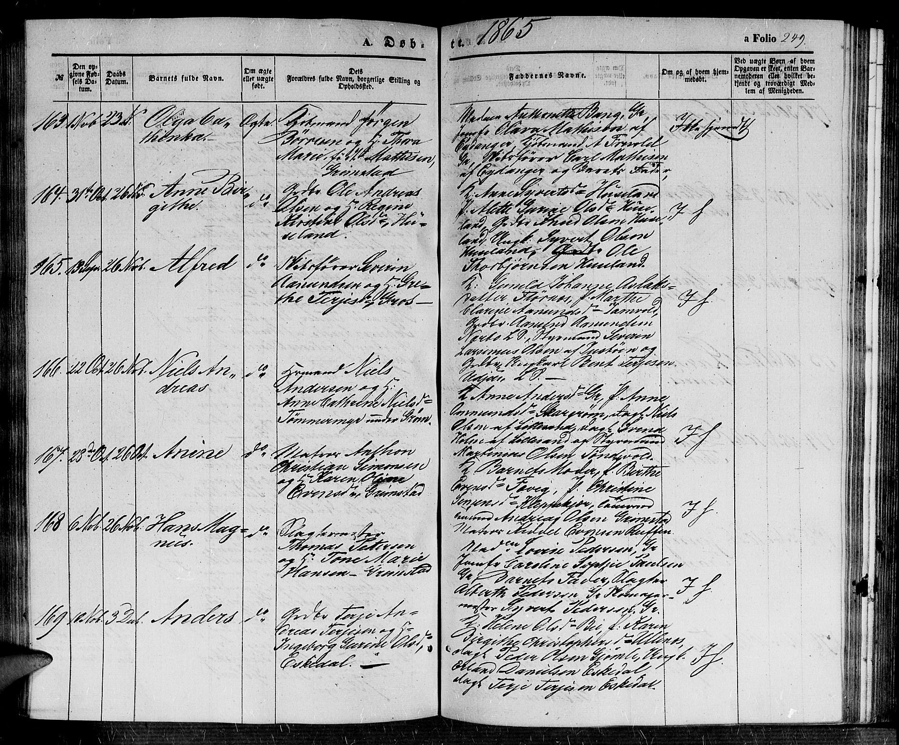 Fjære sokneprestkontor, SAK/1111-0011/F/Fb/L0008: Parish register (copy) no. B 8, 1854-1867, p. 249