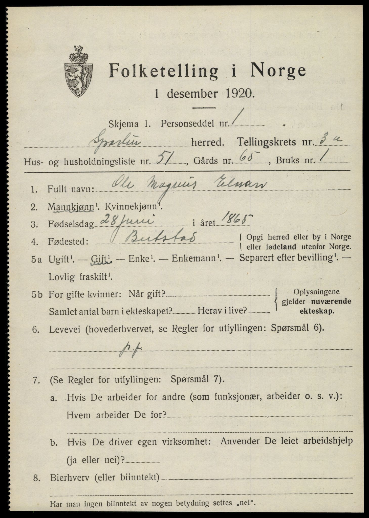 SAT, 1920 census for Sparbu, 1920, p. 4831