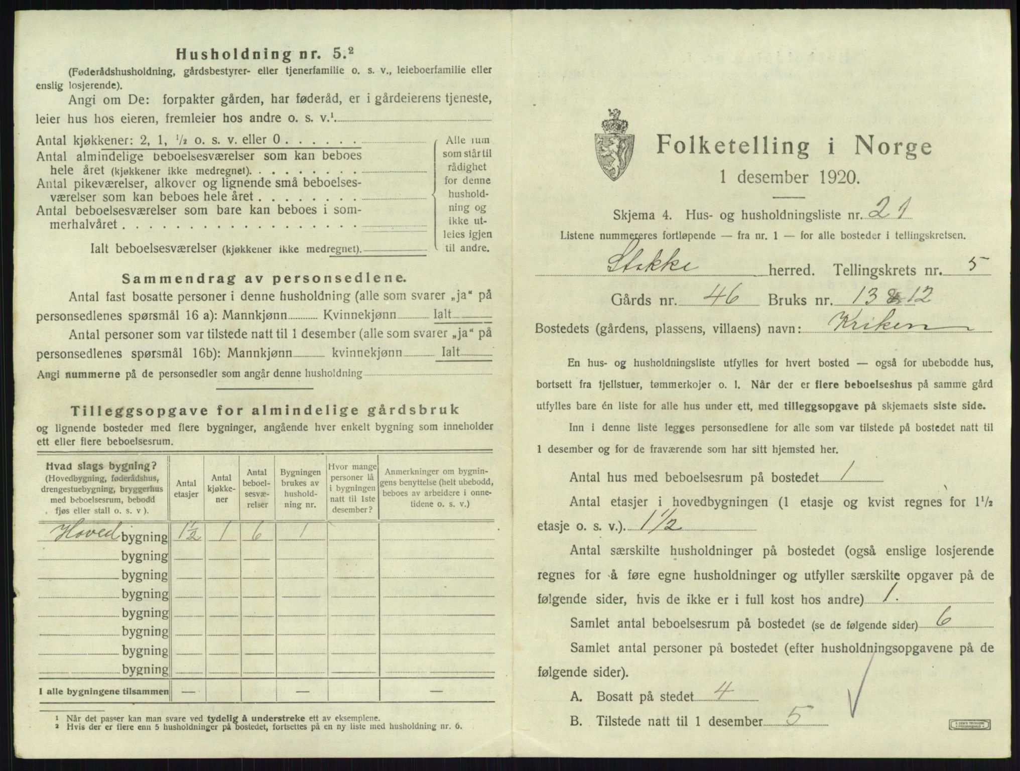 SAKO, 1920 census for Stokke, 1920, p. 1023