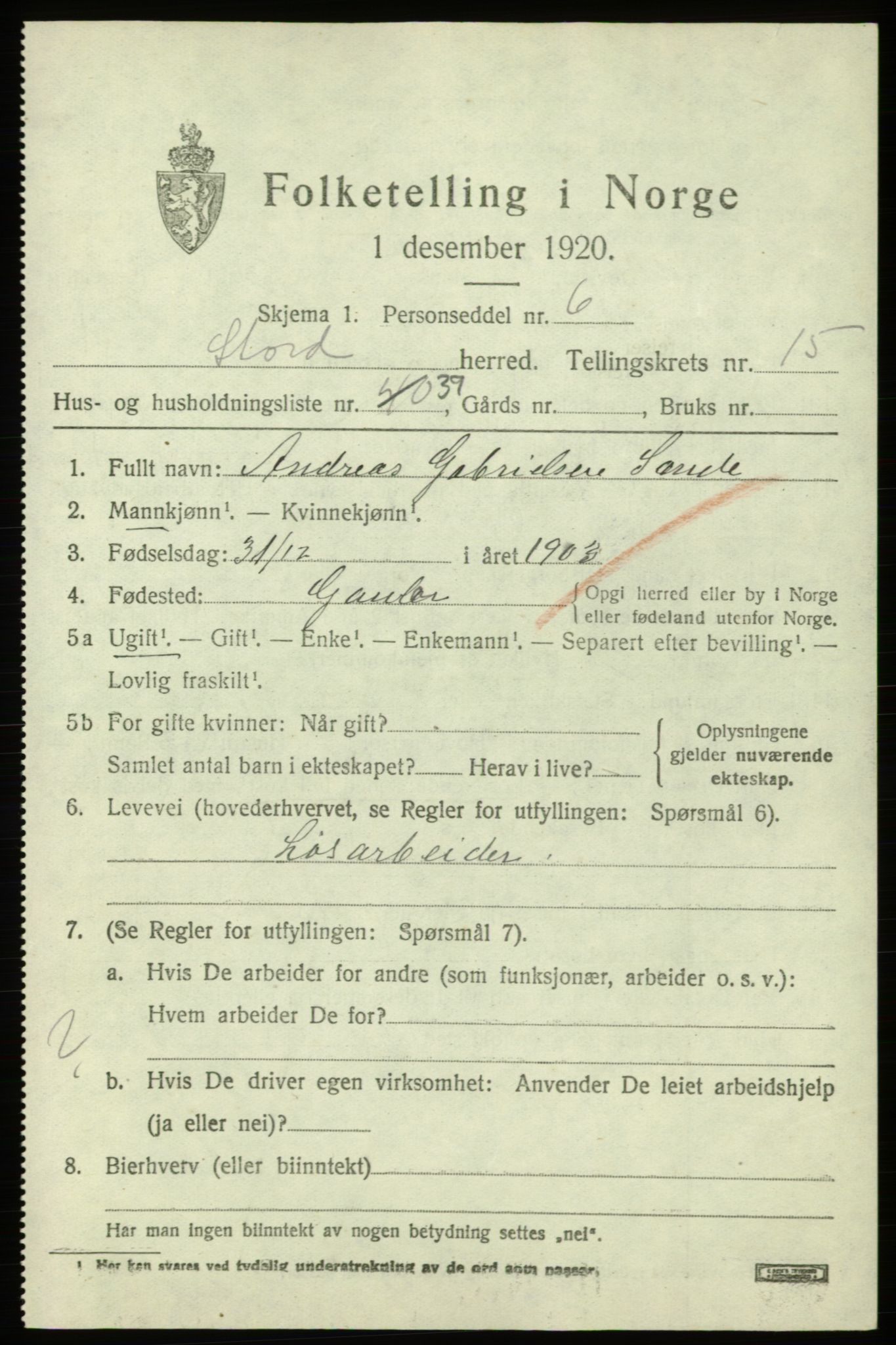 SAB, 1920 census for Stord, 1920, p. 8677