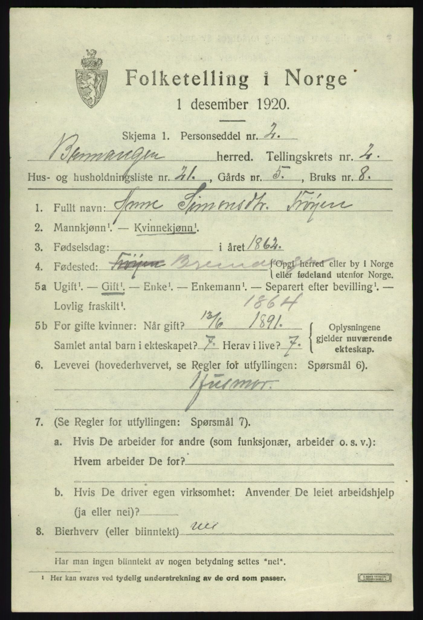 SAB, 1920 census for Bremanger, 1920, p. 2008