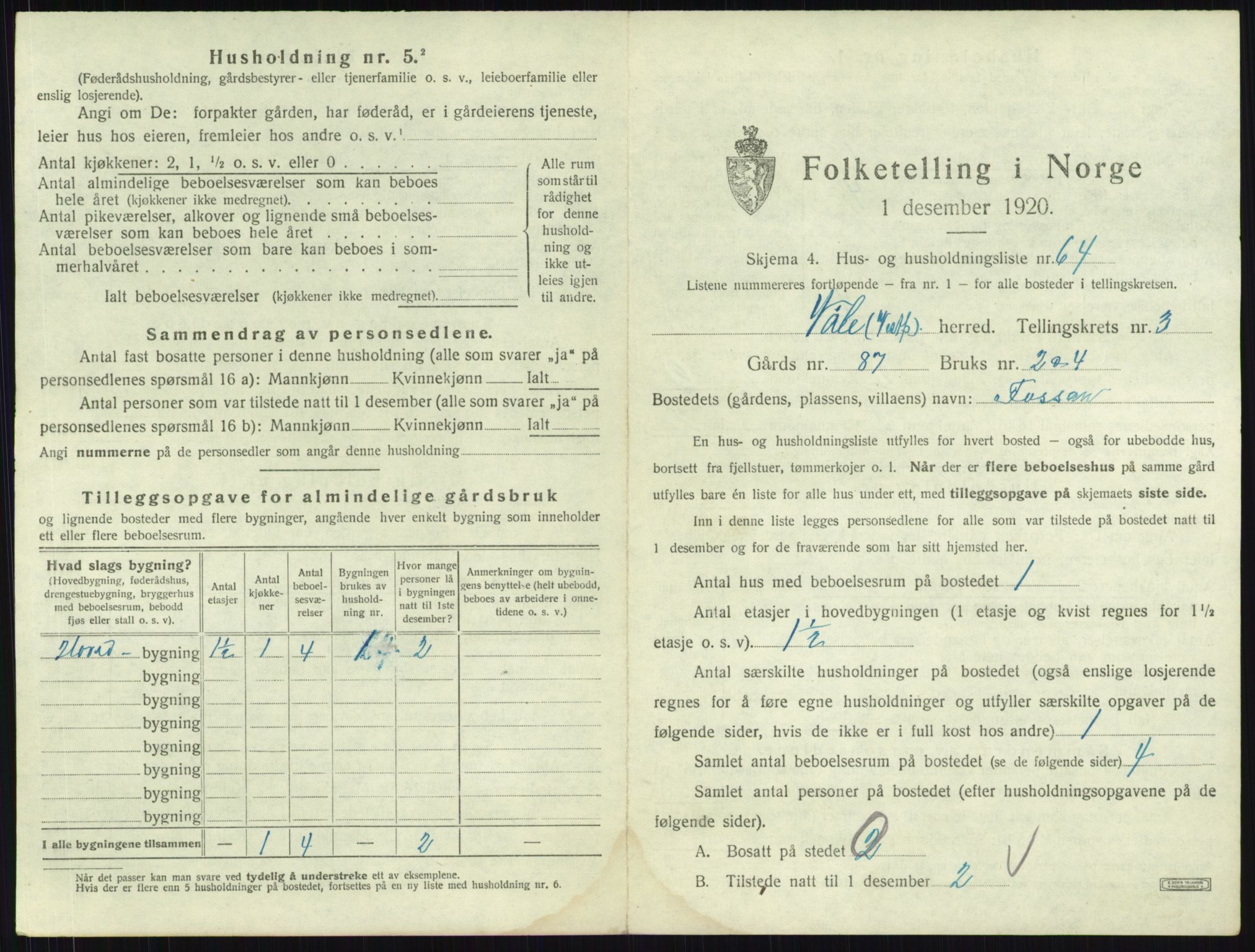 SAKO, 1920 census for Våle, 1920, p. 391