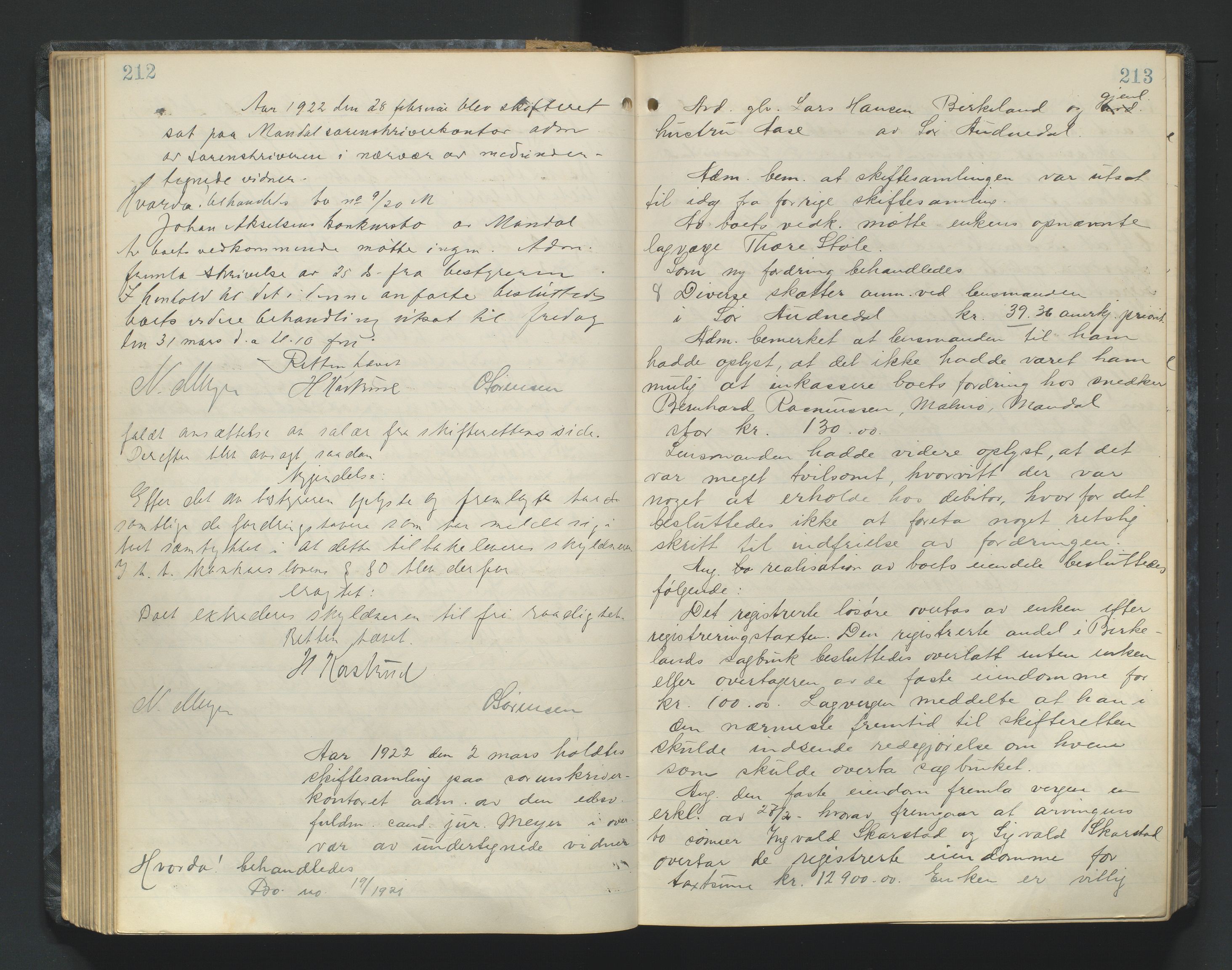 Mandal sorenskriveri, AV/SAK-1221-0005/001/H/Hc/L0084: Skifteforhandlingsprotokoll nr 16, 1921-1924, p. 212-213