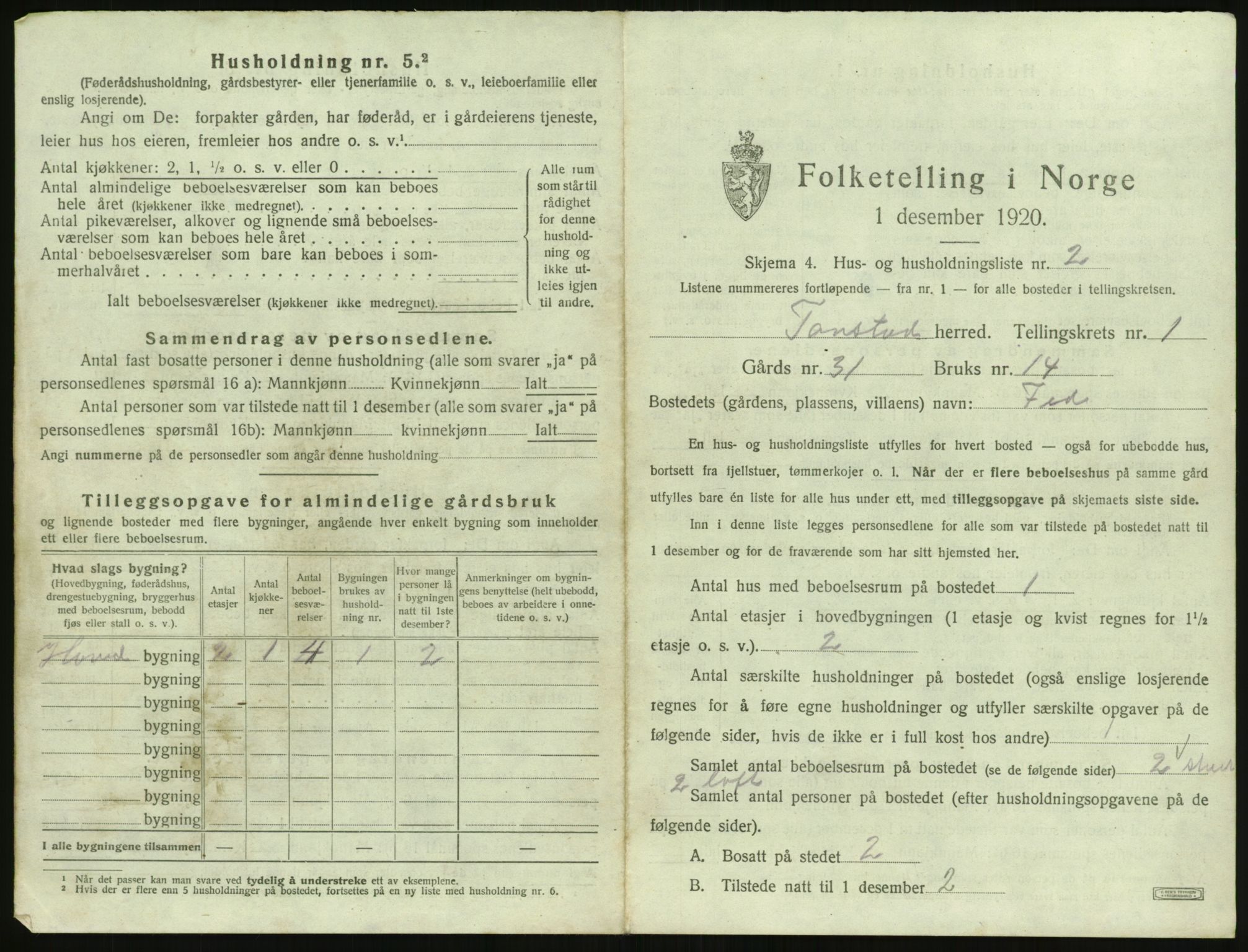 SAK, 1920 census for Tonstad, 1920, p. 32