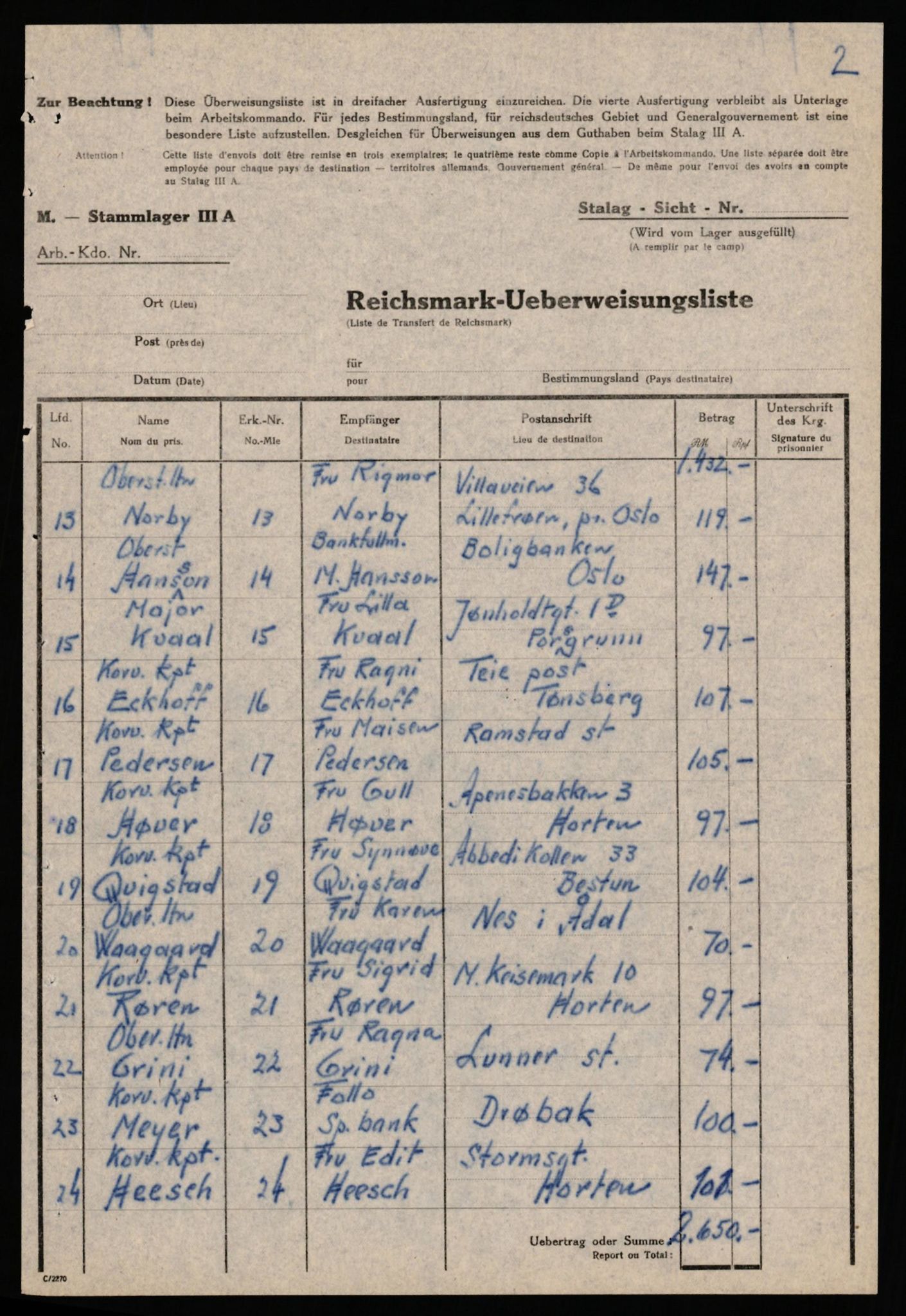 Forsvaret, Forsvarets krigshistoriske avdeling, AV/RA-RAFA-2017/Y/Yf/L0202: II-C-11-2103-2104  -  Norske offiserer i krigsfangenskap, 1940-1945, p. 257