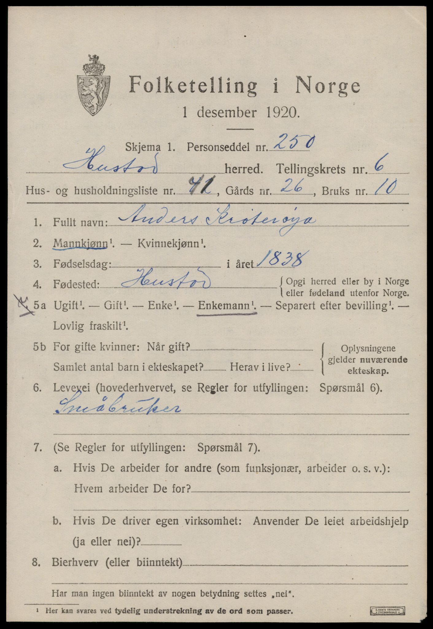 SAT, 1920 census for Hustad, 1920, p. 4665