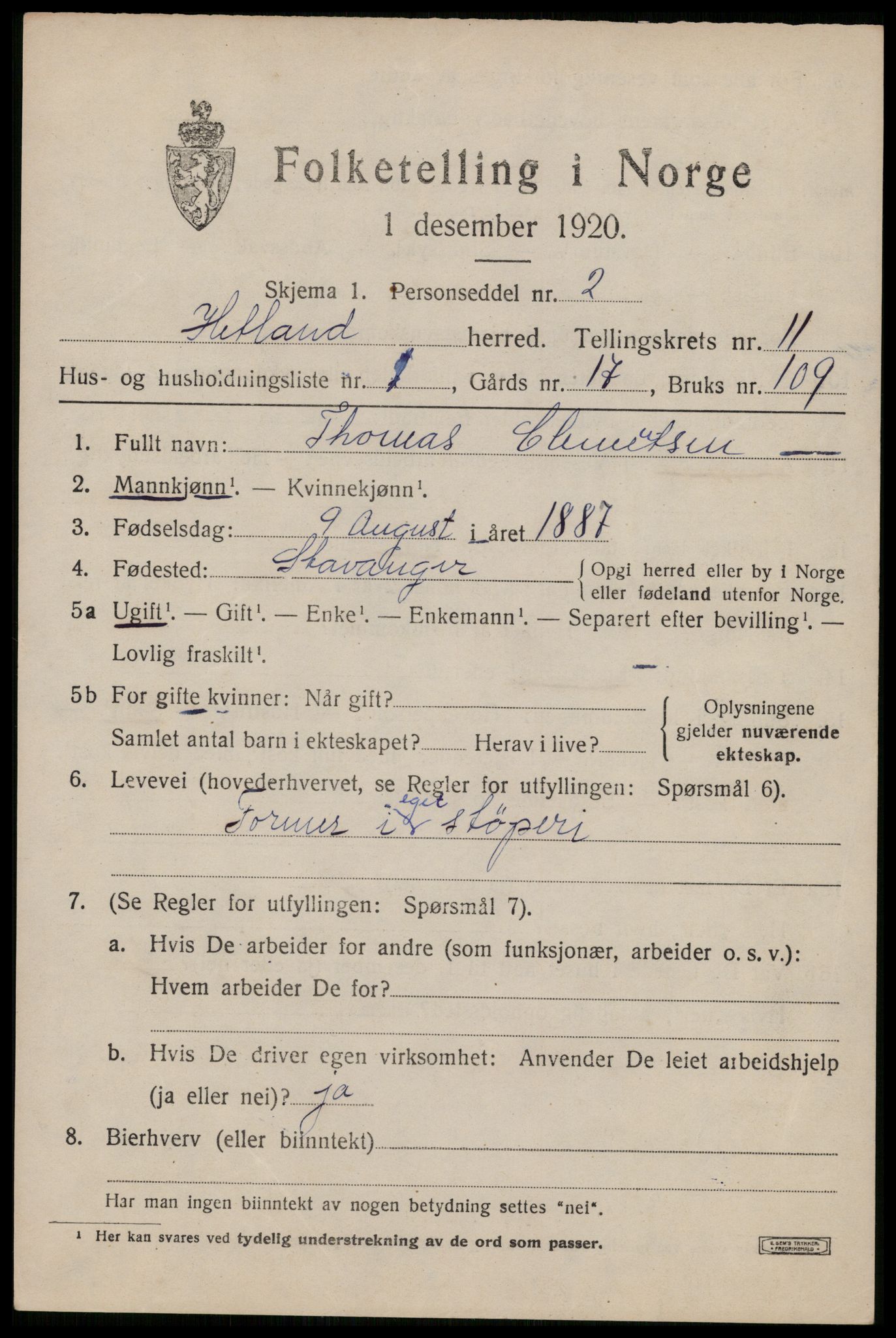 SAST, 1920 census for Hetland, 1920, p. 19933