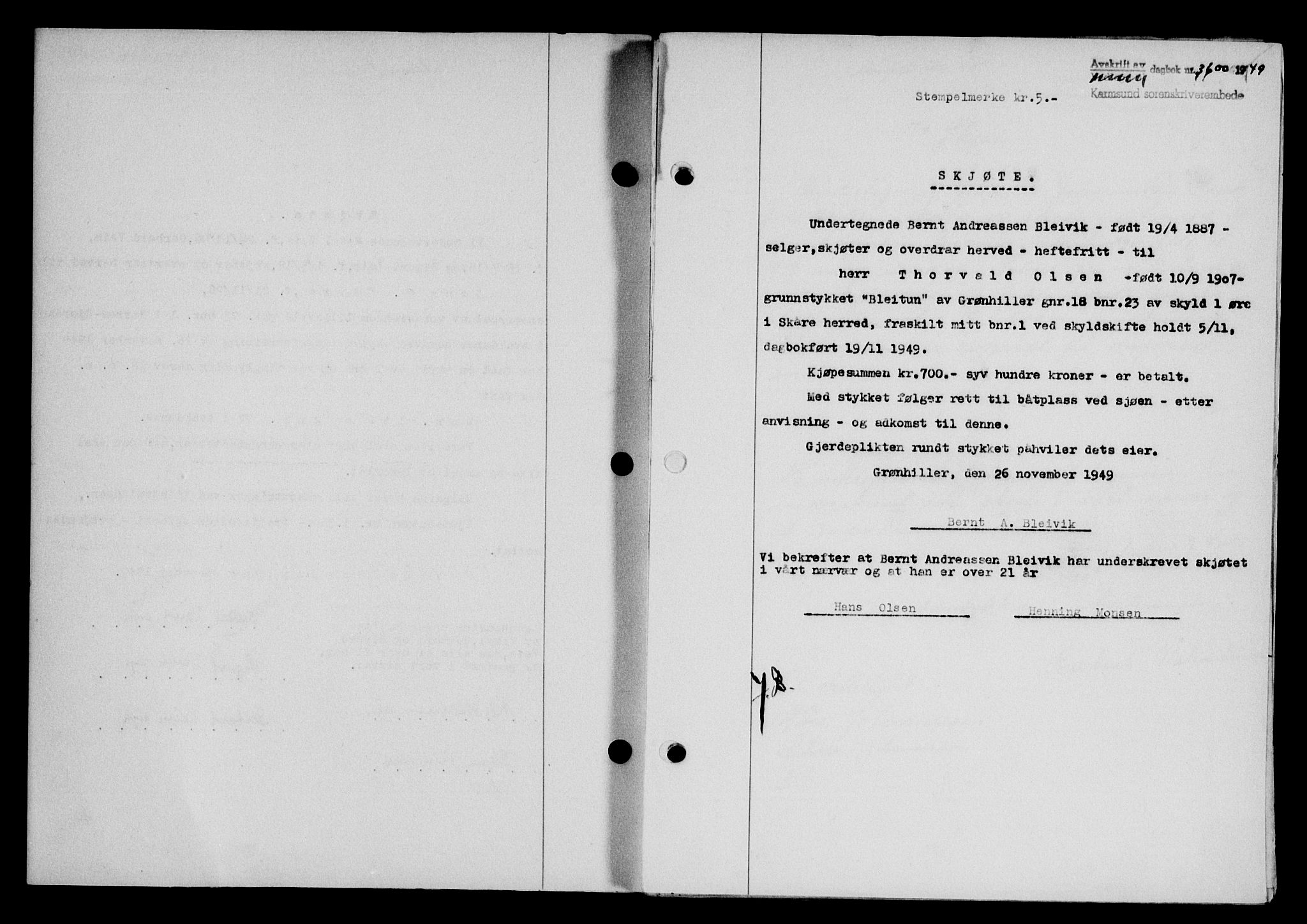 Karmsund sorenskriveri, SAST/A-100311/01/II/IIB/L0098: Mortgage book no. 78A, 1949-1950, Diary no: : 3600/1949