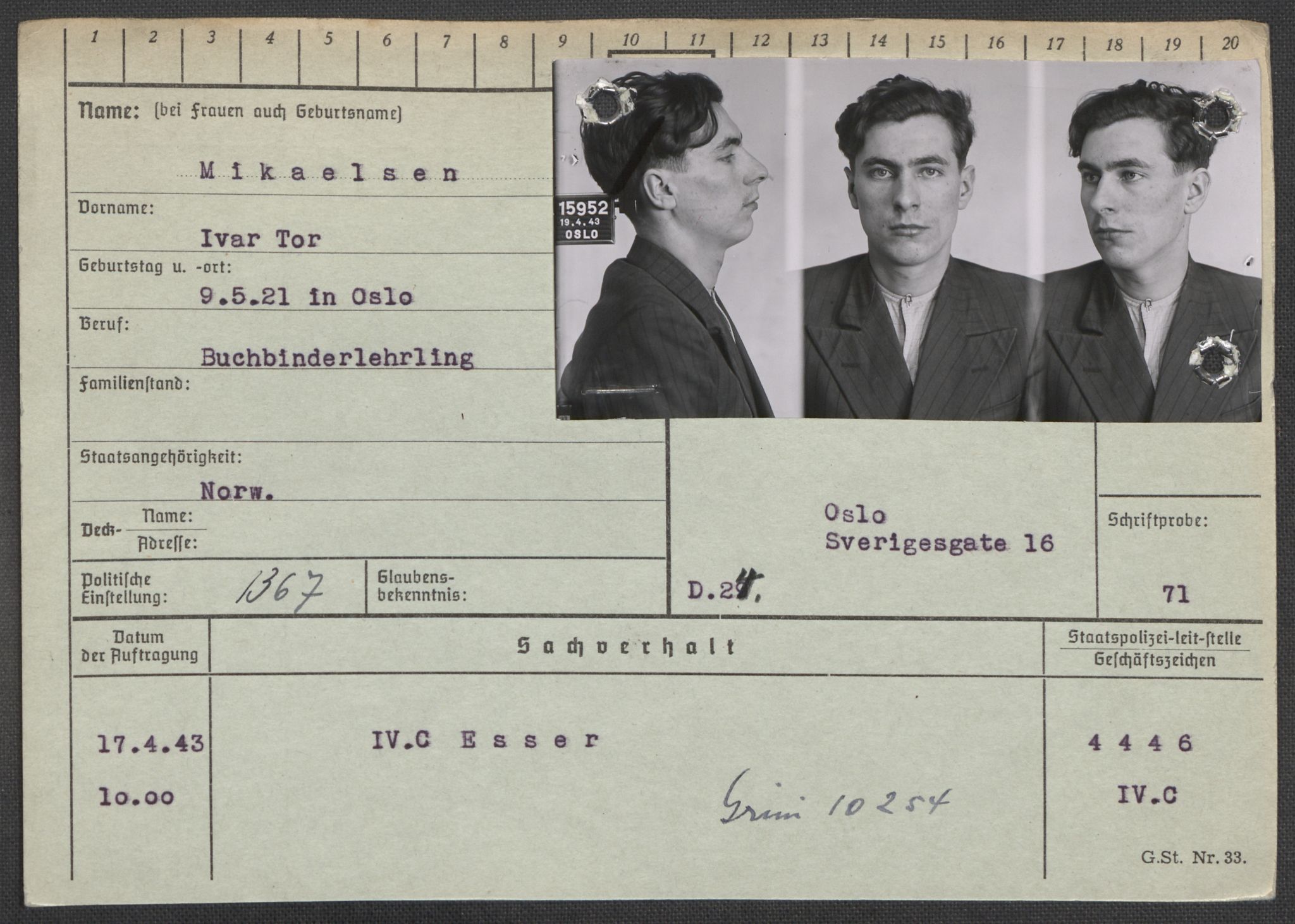 Befehlshaber der Sicherheitspolizei und des SD, RA/RAFA-5969/E/Ea/Eaa/L0007: Register over norske fanger i Møllergata 19: Lundb-N, 1940-1945, p. 580