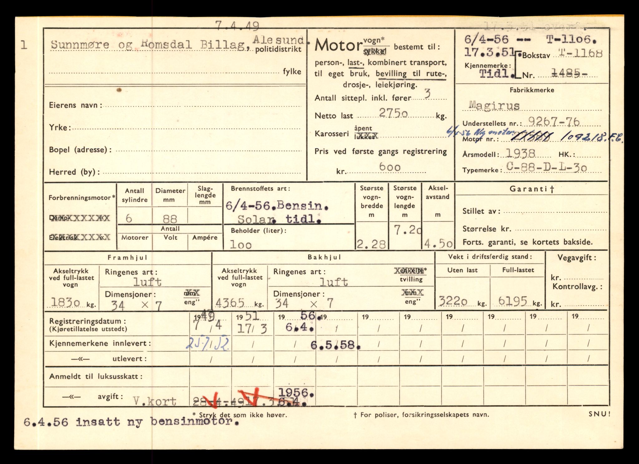 Møre og Romsdal vegkontor - Ålesund trafikkstasjon, AV/SAT-A-4099/F/Fe/L0010: Registreringskort for kjøretøy T 1050 - T 1169, 1927-1998, p. 1634