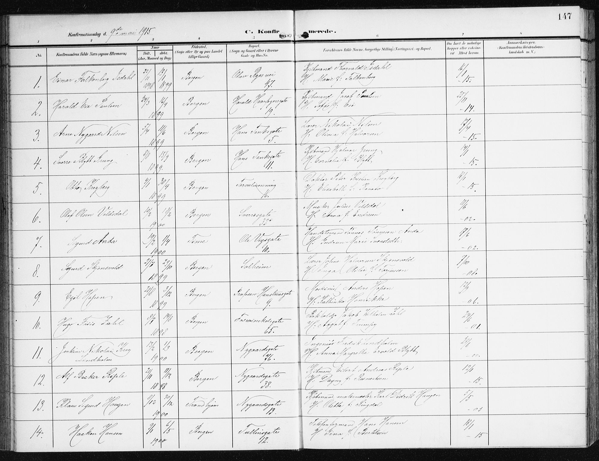 Johanneskirken sokneprestembete, AV/SAB-A-76001/H/Haa/L0009: Parish register (official) no. C 2, 1907-1924, p. 147
