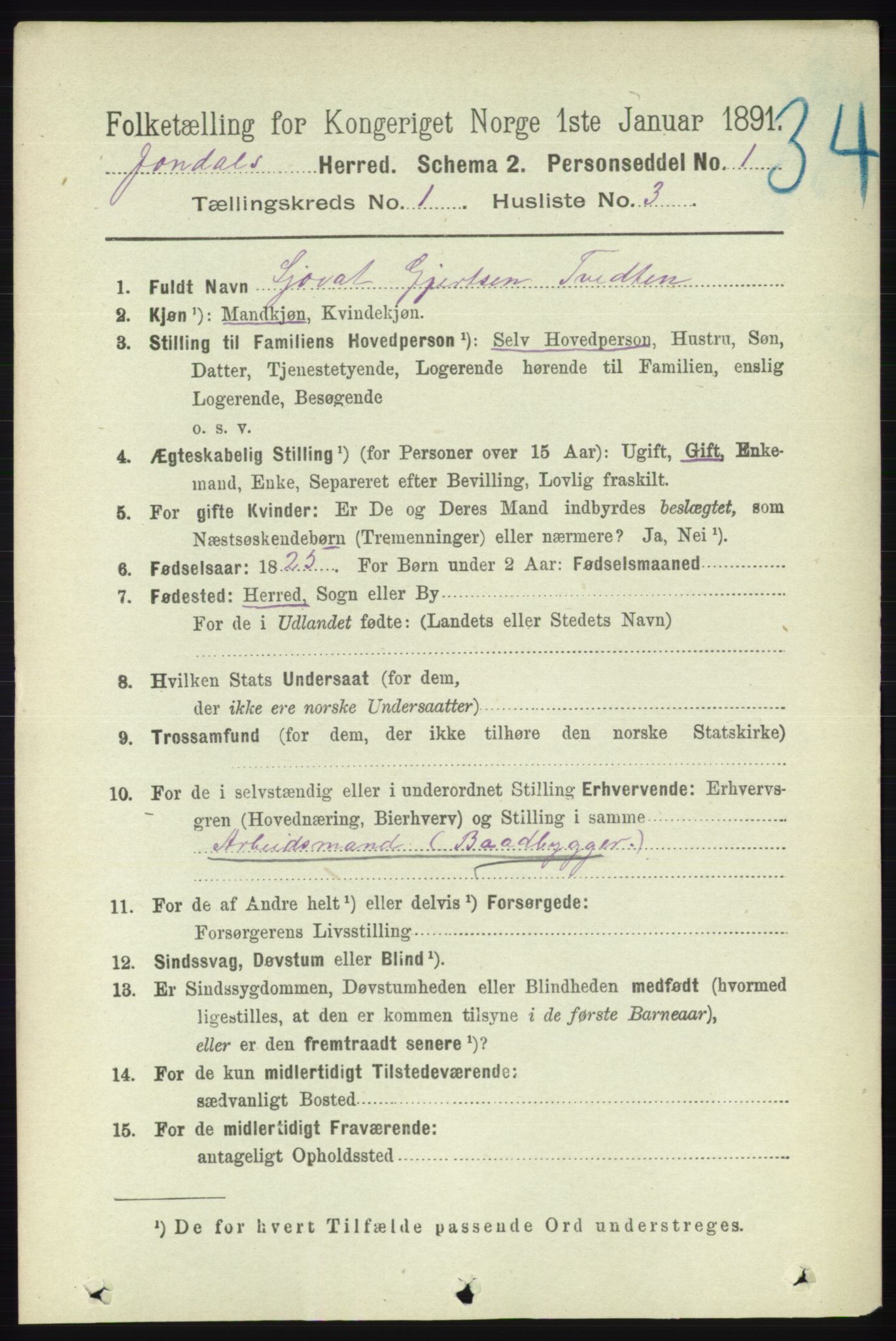 RA, 1891 census for 1227 Jondal, 1891, p. 148