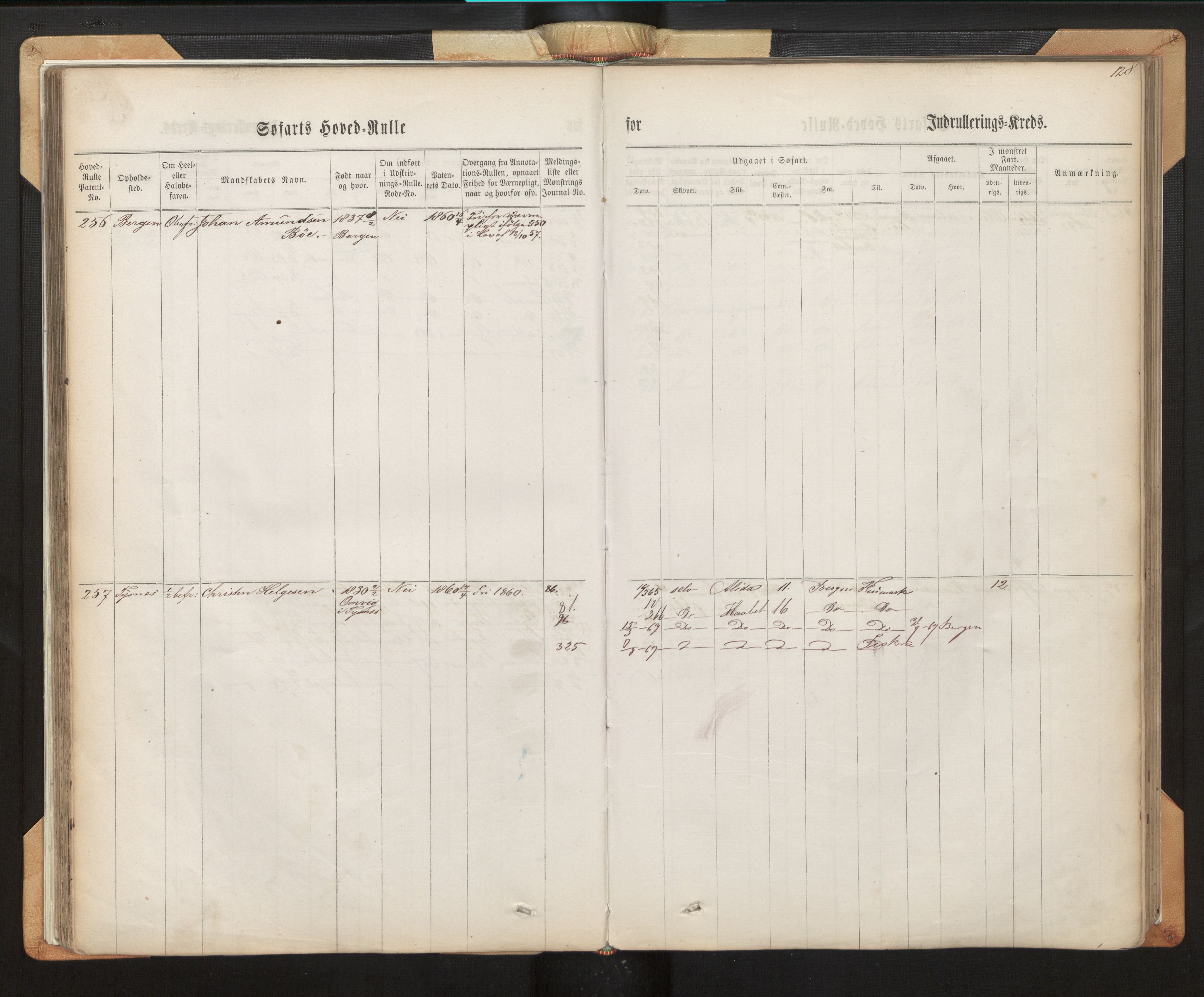 Innrulleringssjefen i Bergen, AV/SAB-A-100050/F/Fh/L0007: Sjøfarts-hovedrulle for Bergen krets, fol. 1 - 315, 1860-1865, p. 128