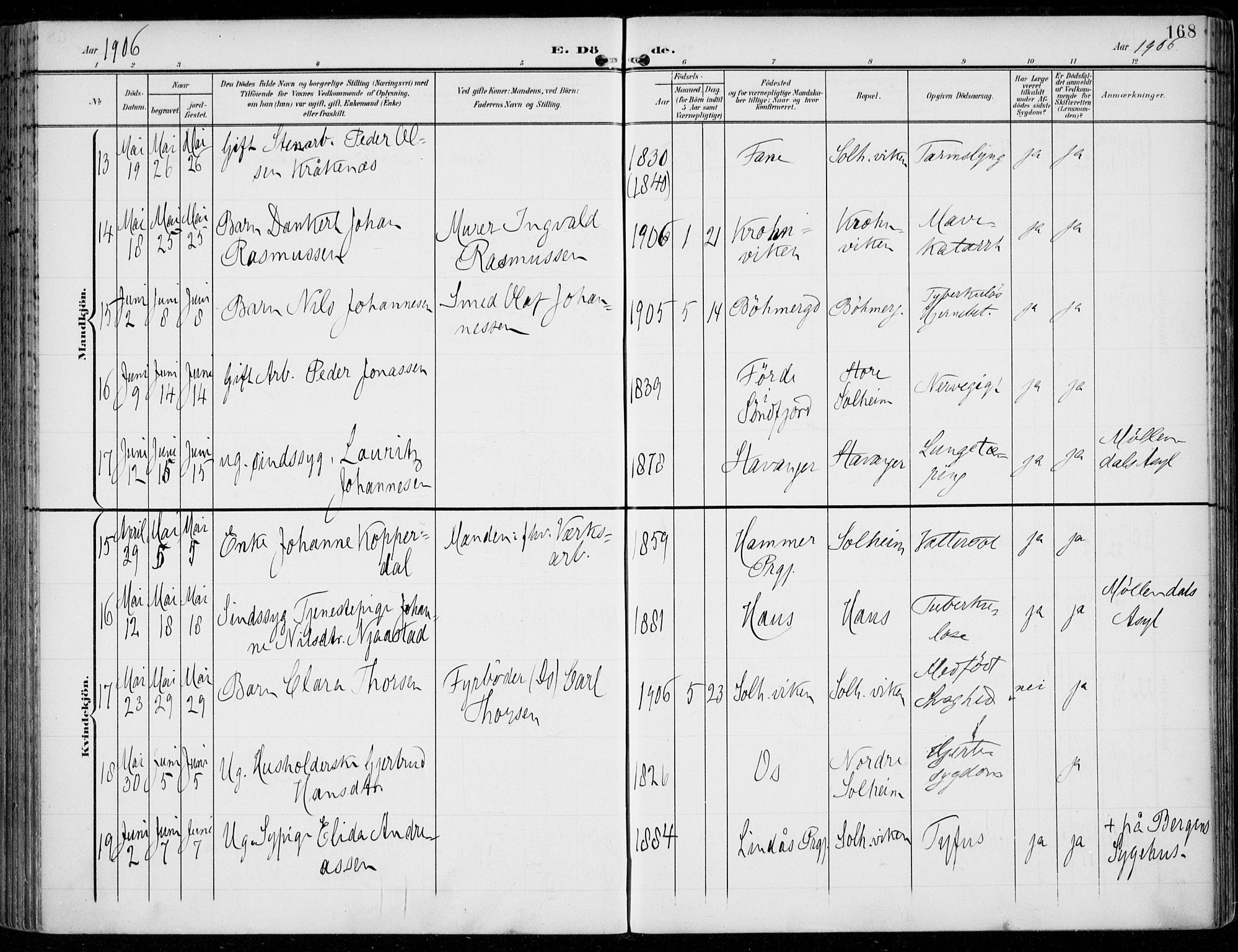 Årstad Sokneprestembete, AV/SAB-A-79301/H/Haa/L0009: Parish register (official) no. C 1, 1902-1918, p. 168