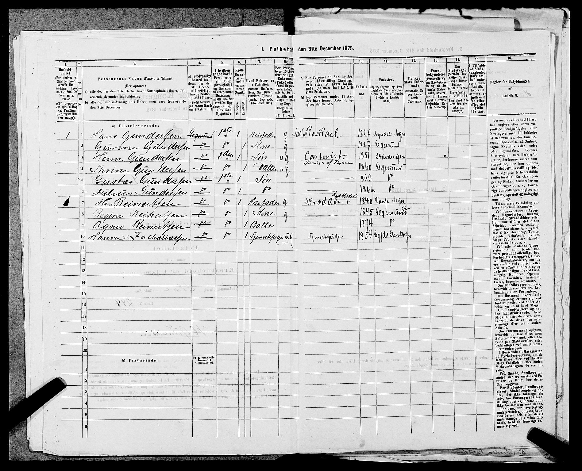 SAST, 1875 census for 1101B Eigersund parish, Egersund town, 1875, p. 425