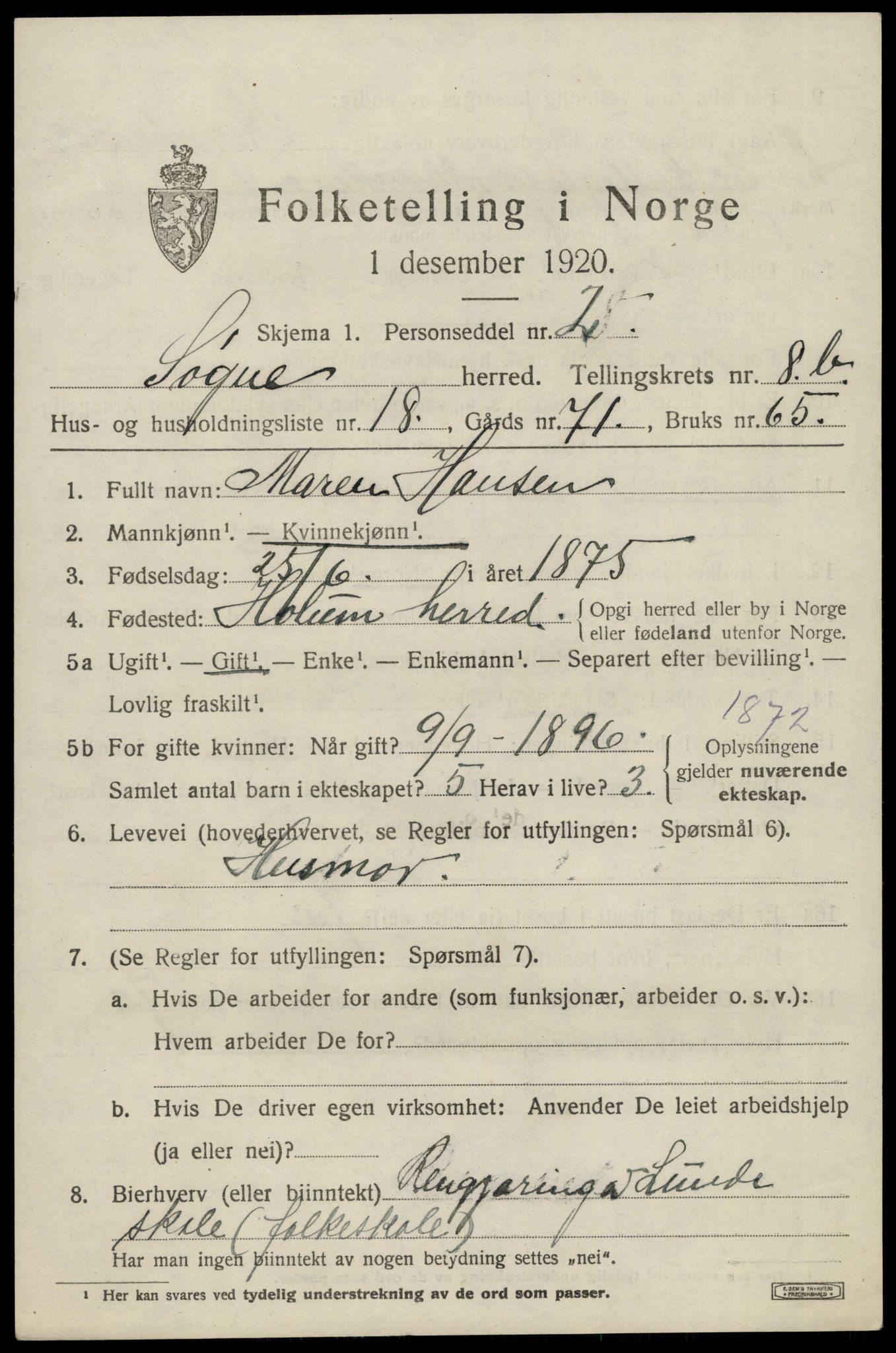 SAK, 1920 census for Søgne, 1920, p. 4785