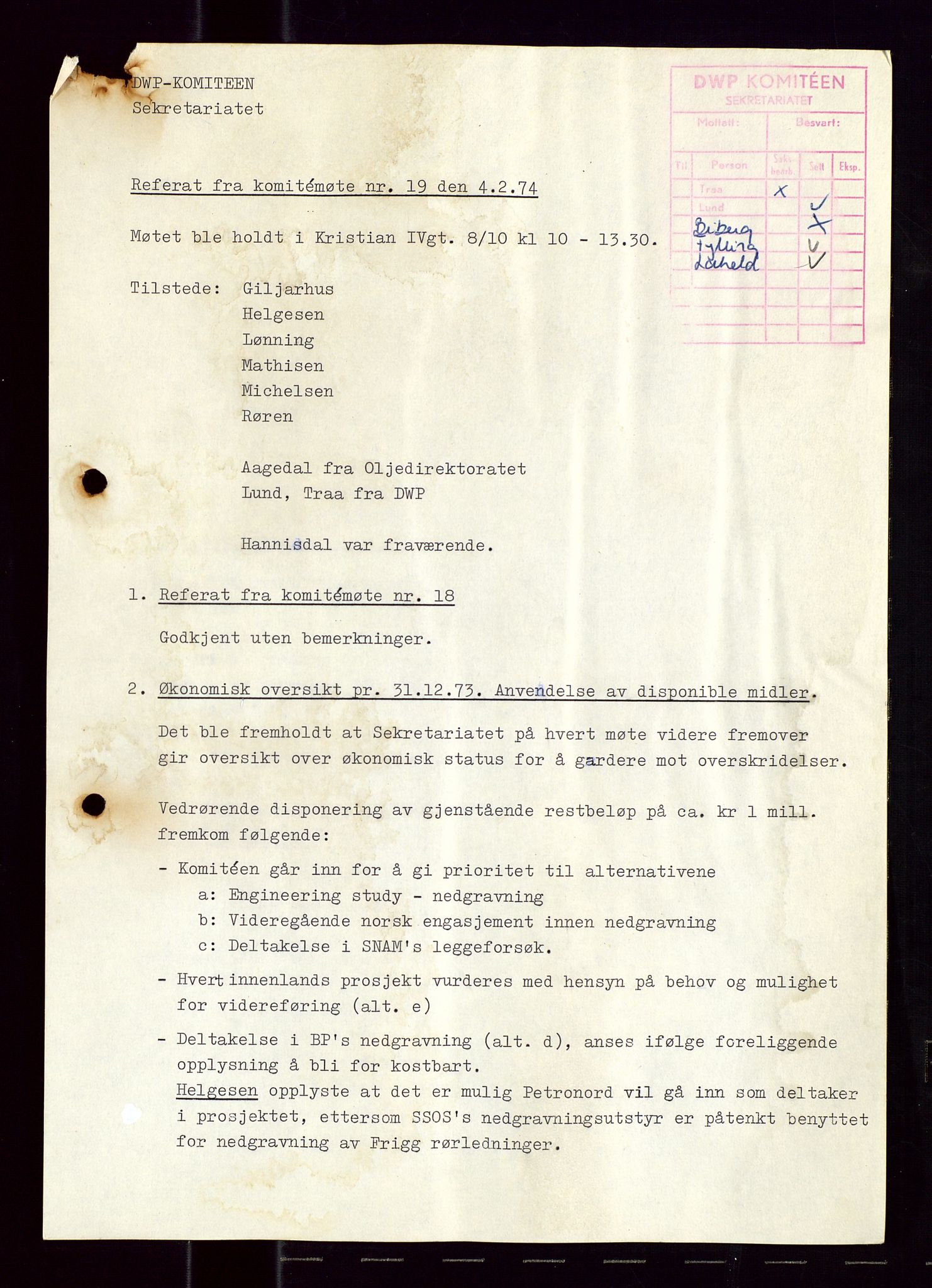 Industridepartementet, Oljekontoret, AV/SAST-A-101348/Di/L0001: DWP, møter juni - november, komiteemøter nr. 19 - 26, 1973-1974, p. 14