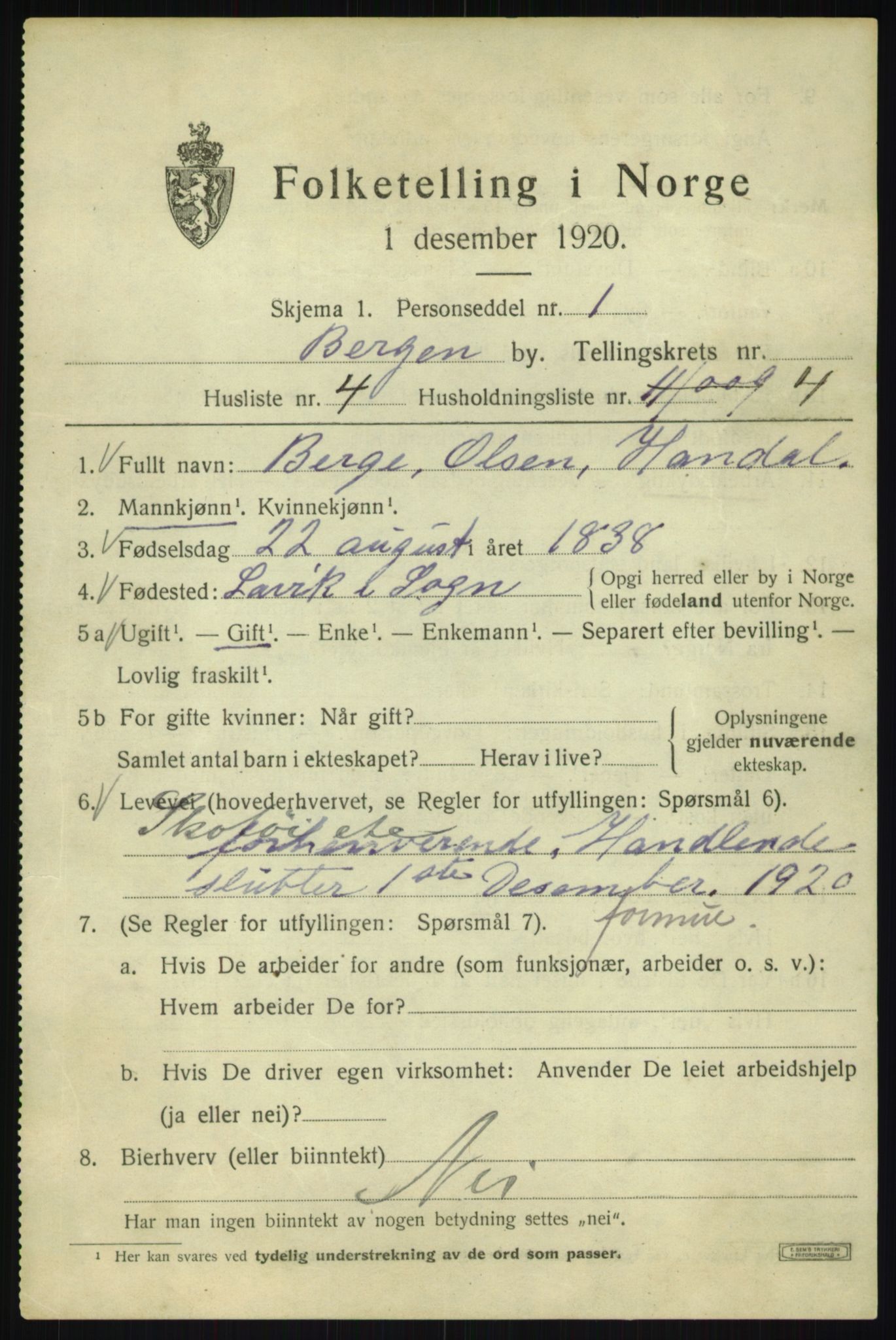 SAB, 1920 census for Bergen, 1920, p. 247419