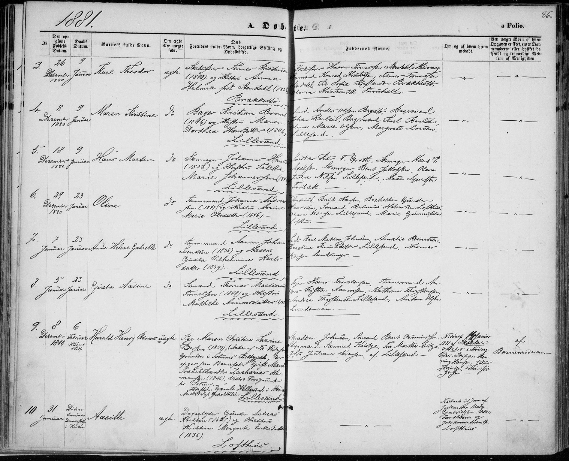 Vestre Moland sokneprestkontor, SAK/1111-0046/F/Fa/Fab/L0008: Parish register (official) no. A 8, 1873-1883, p. 86