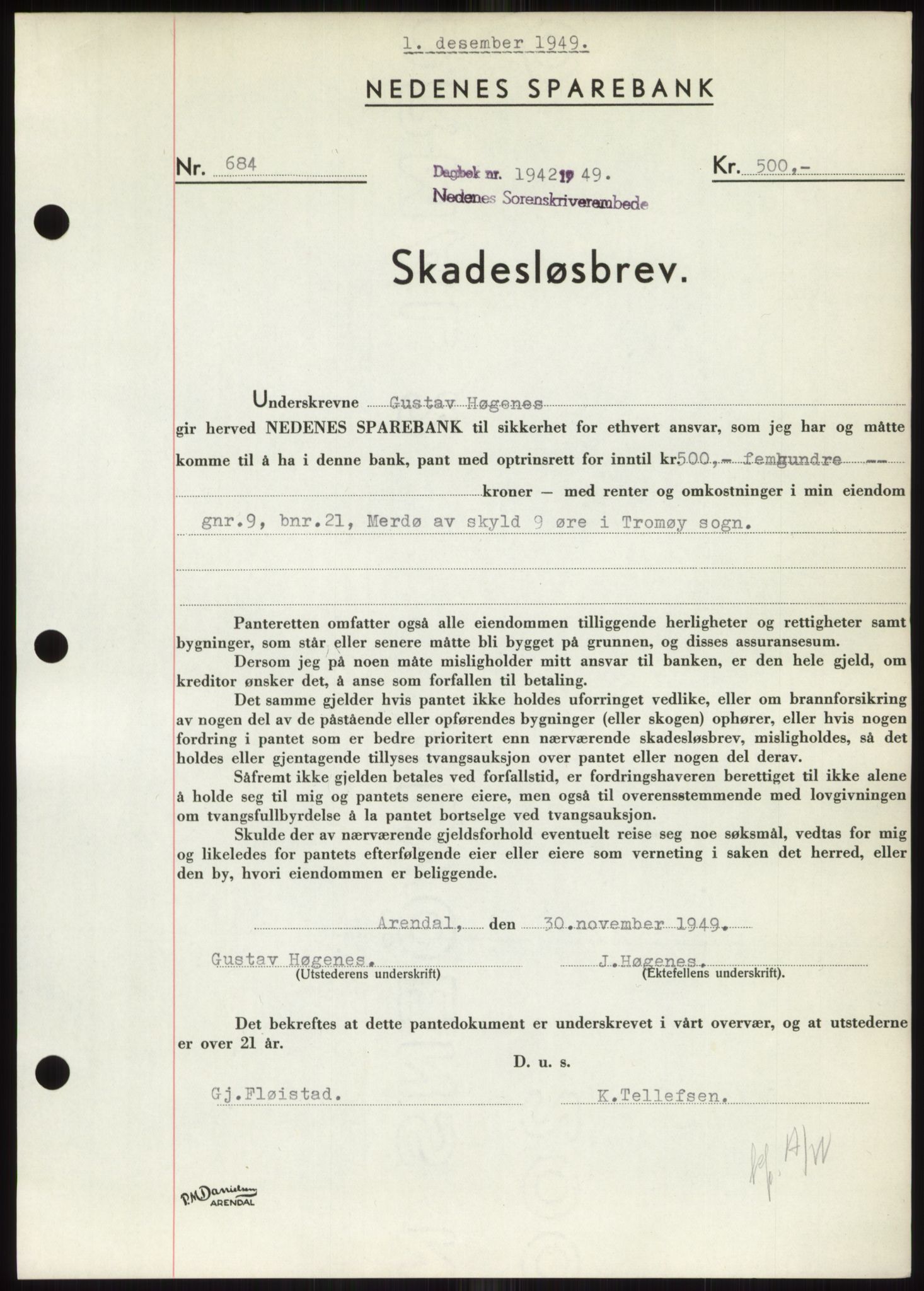 Nedenes sorenskriveri, AV/SAK-1221-0006/G/Gb/Gbb/L0007: Mortgage book no. B7, 1949-1950, Diary no: : 1942/1949