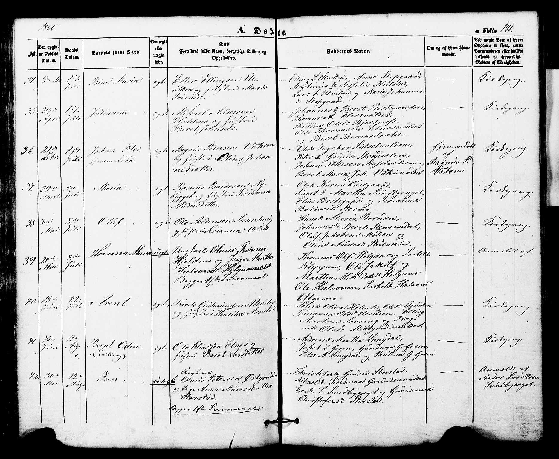 Ministerialprotokoller, klokkerbøker og fødselsregistre - Nord-Trøndelag, SAT/A-1458/724/L0268: Parish register (copy) no. 724C04, 1846-1878, p. 141