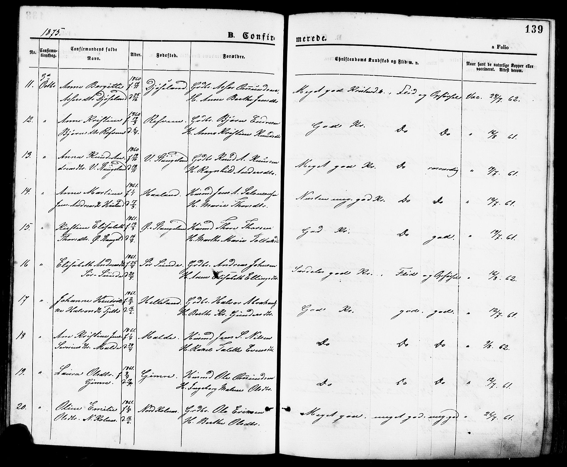 Håland sokneprestkontor, AV/SAST-A-101802/001/30BA/L0009: Parish register (official) no. A 8, 1871-1882, p. 139