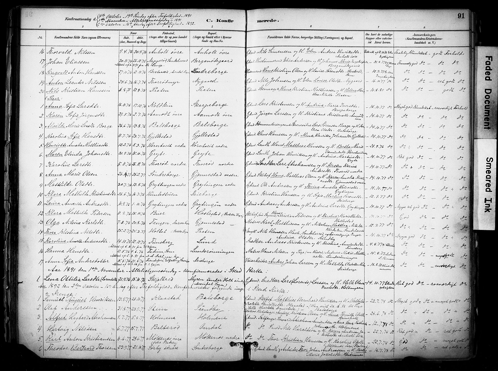 Stokke kirkebøker, SAKO/A-320/F/Fb/L0001: Parish register (official) no. II 1, 1884-1910, p. 91