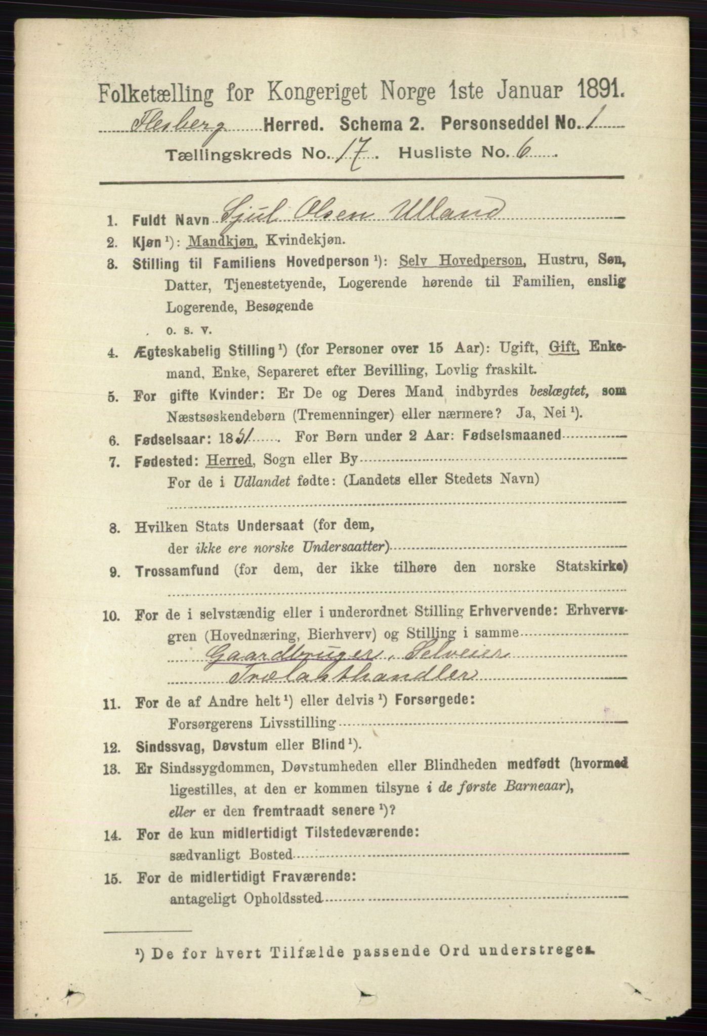RA, 1891 census for 0631 Flesberg, 1891, p. 3013