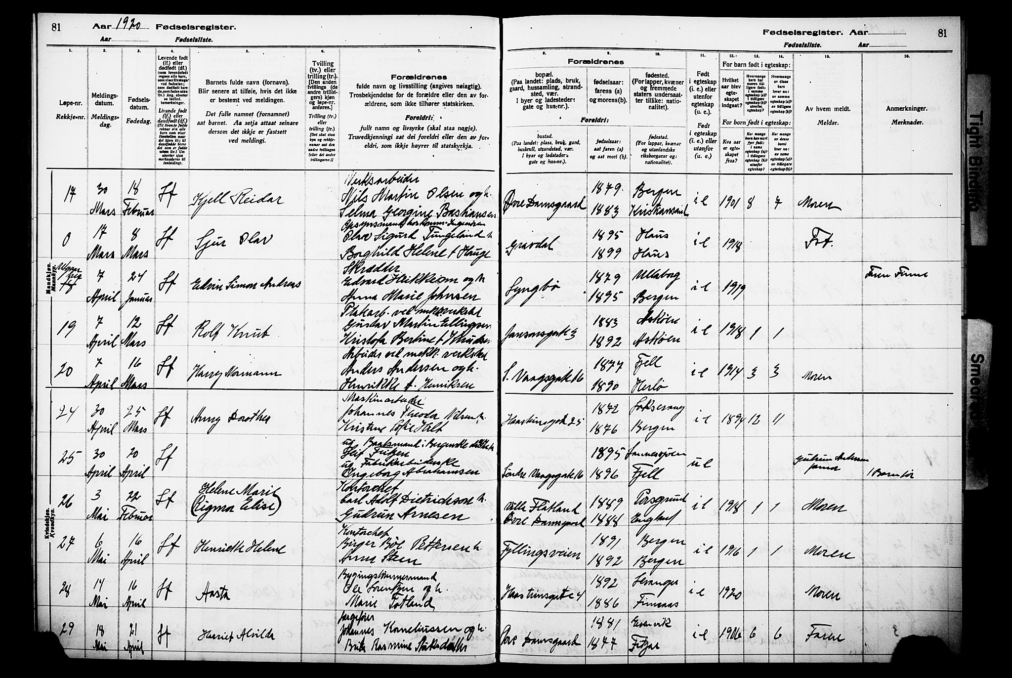 Laksevåg Sokneprestembete, AV/SAB-A-76501/I/Id/L00A1: Birth register no. A 1, 1916-1926, p. 81