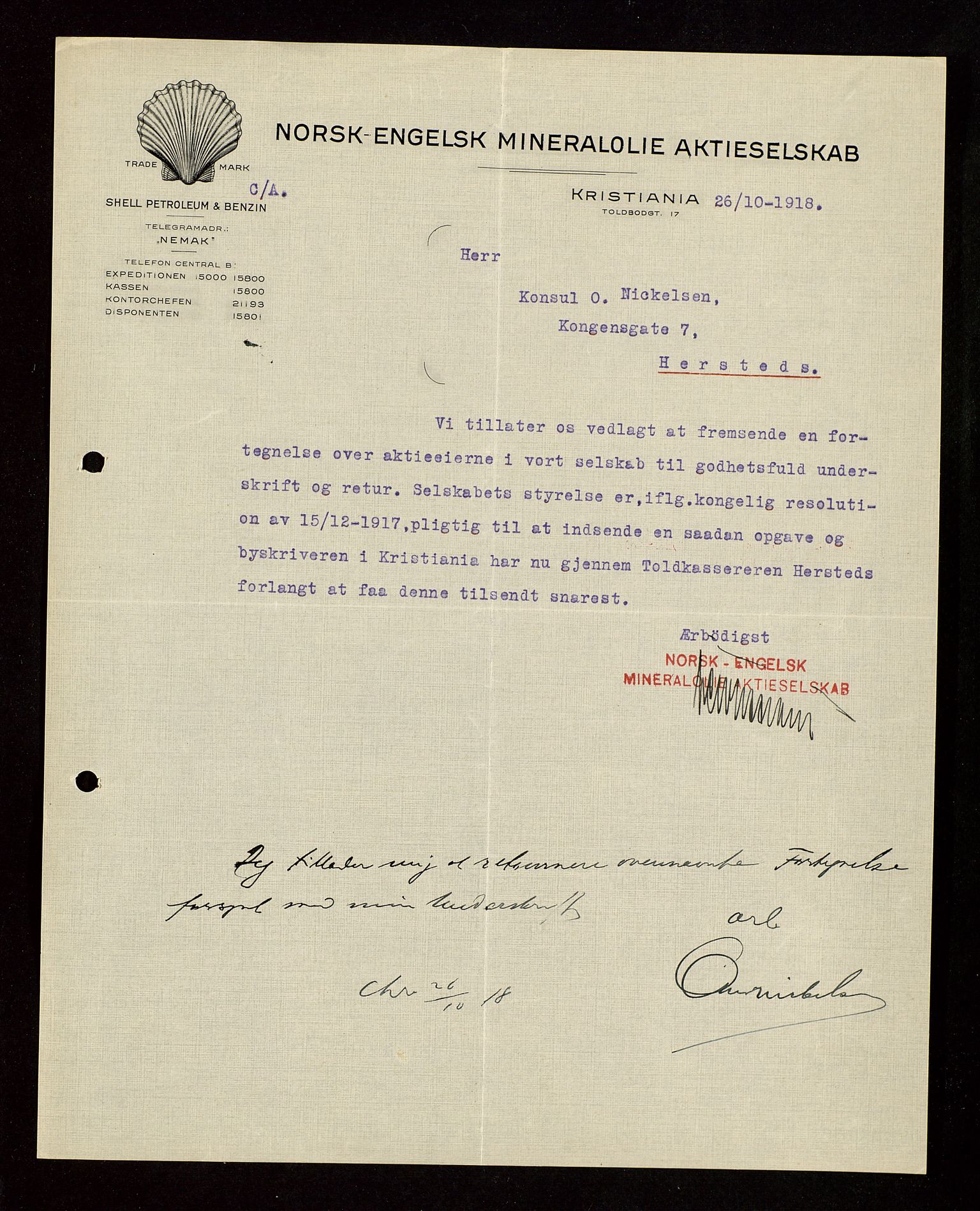 Pa 1521 - A/S Norske Shell, AV/SAST-A-101915/E/Ea/Eaa/L0003: Sjefskorrespondanse, 1918, p. 163