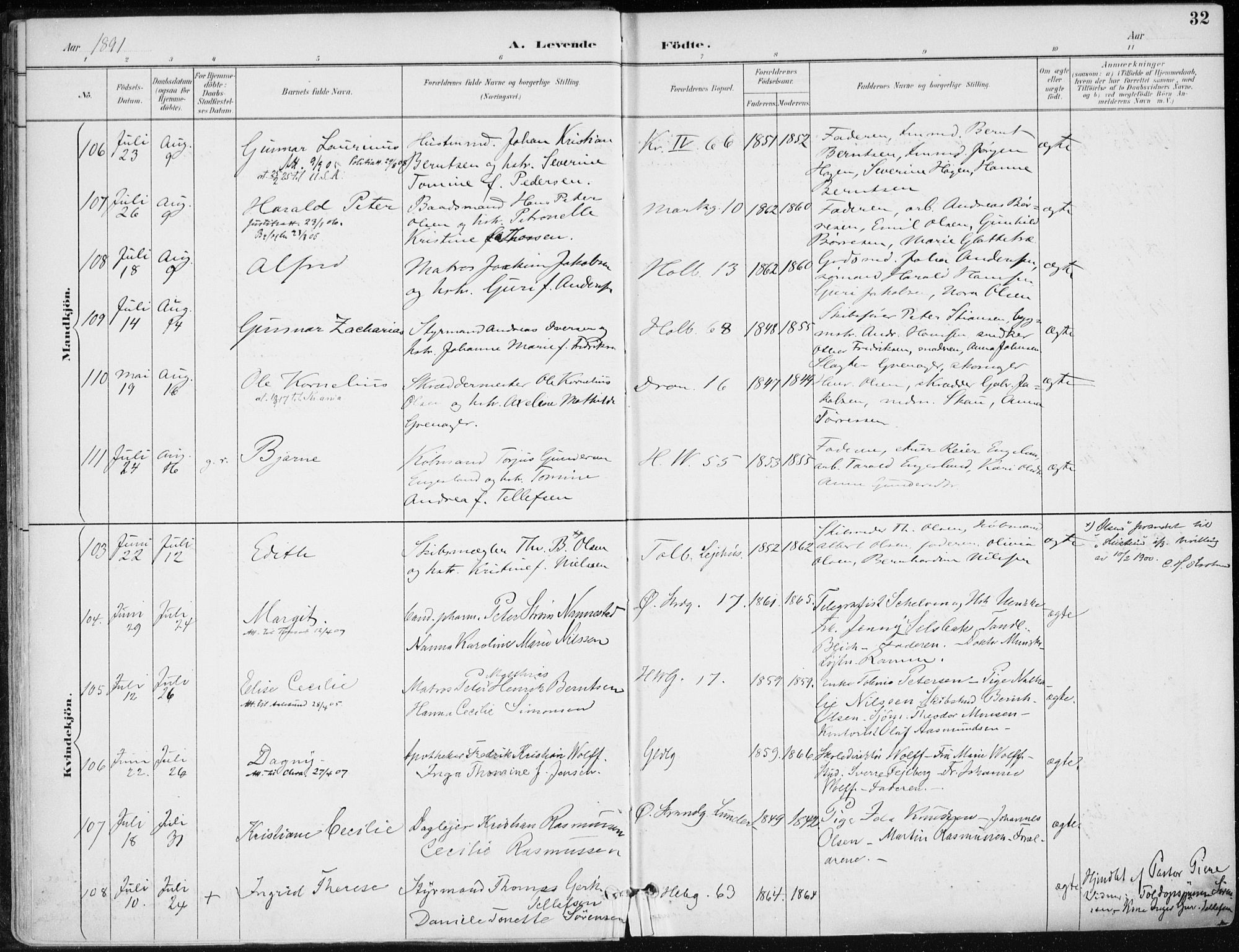 Kristiansand domprosti, SAK/1112-0006/F/Fa/L0019: Parish register (official) no. A 18, 1890-1897, p. 32