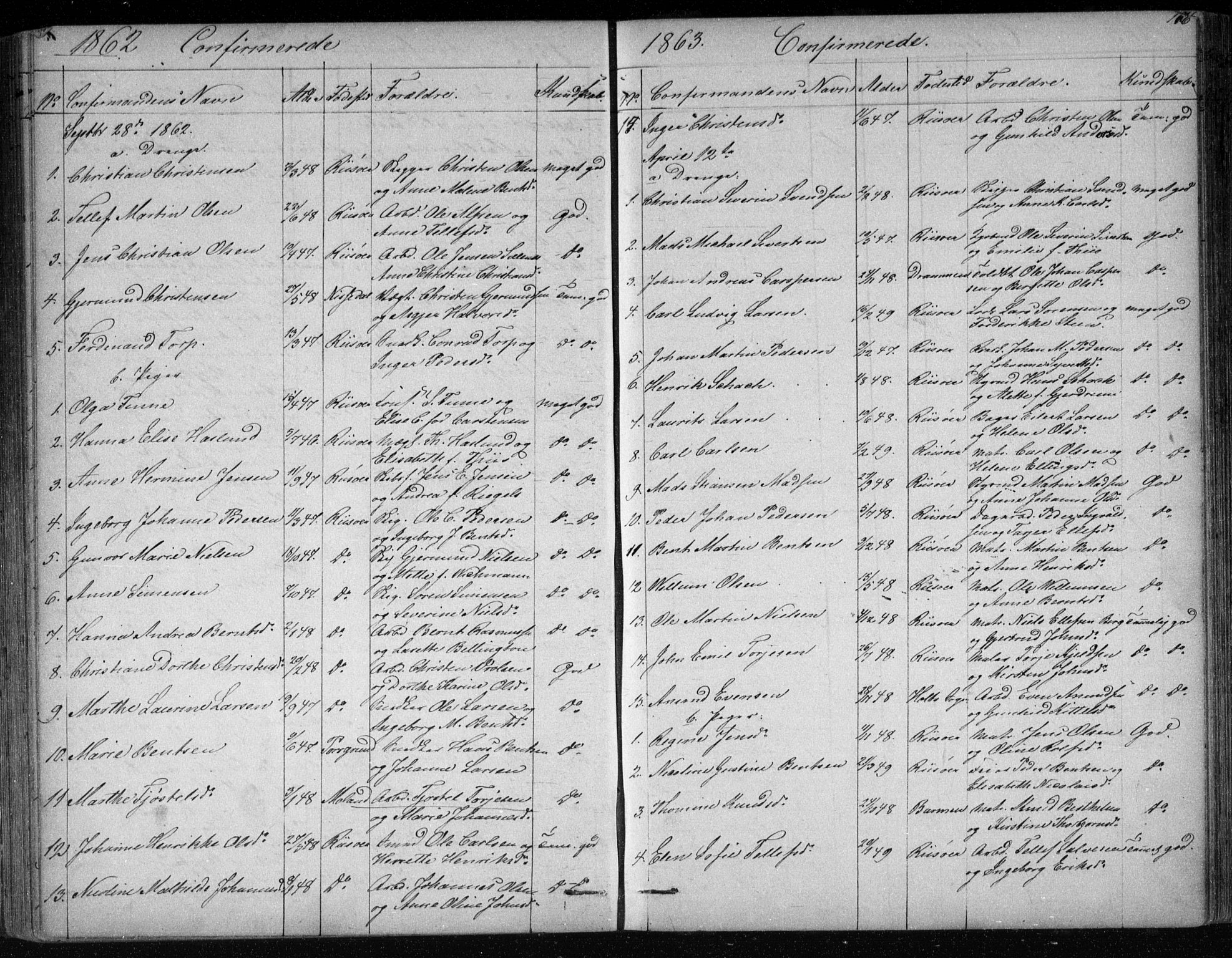 Risør sokneprestkontor, SAK/1111-0035/F/Fb/L0006: Parish register (copy) no. B 6, 1850-1884, p. 166