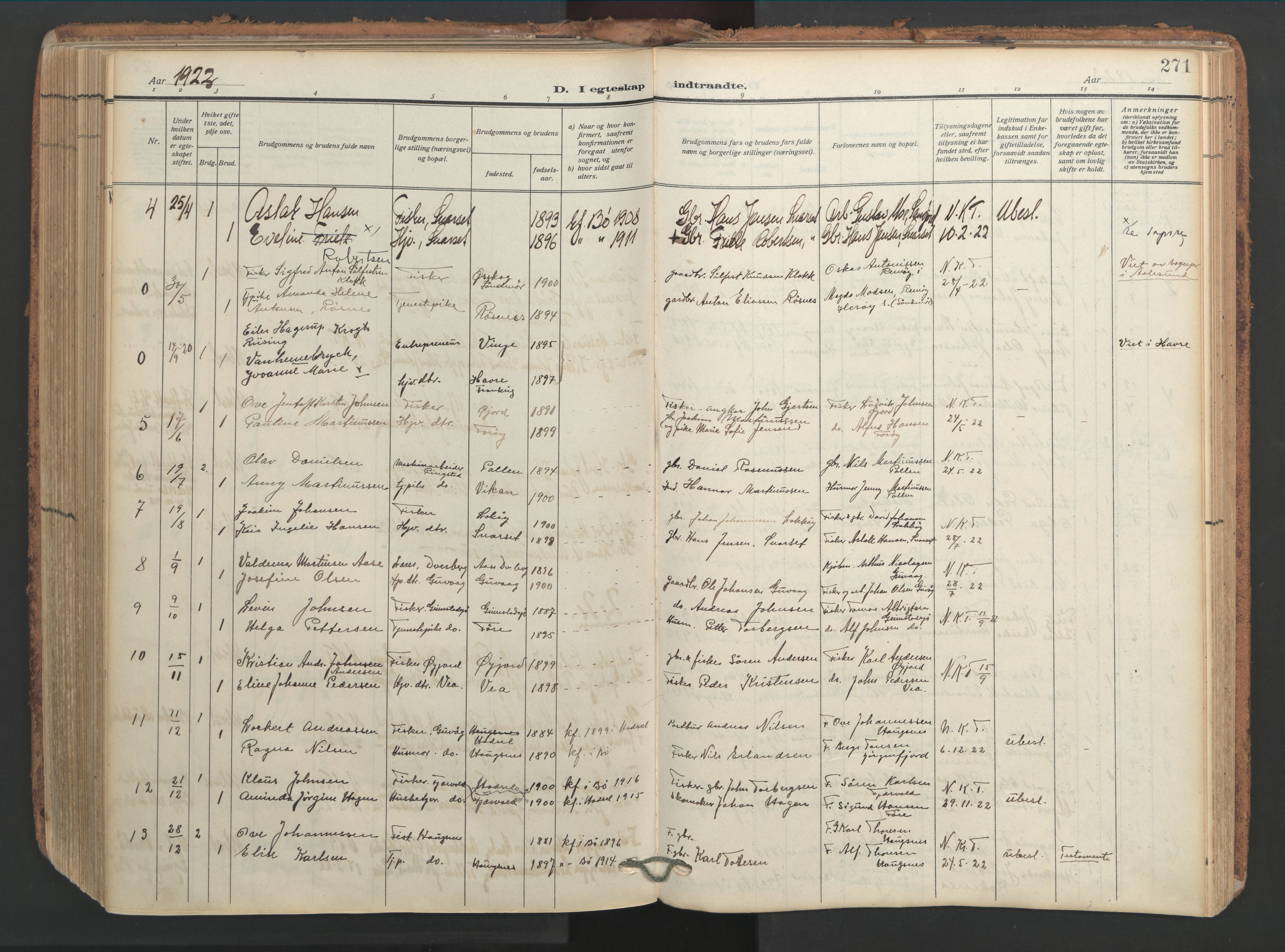 Ministerialprotokoller, klokkerbøker og fødselsregistre - Nordland, SAT/A-1459/891/L1306: Parish register (official) no. 891A11, 1911-1927, p. 271