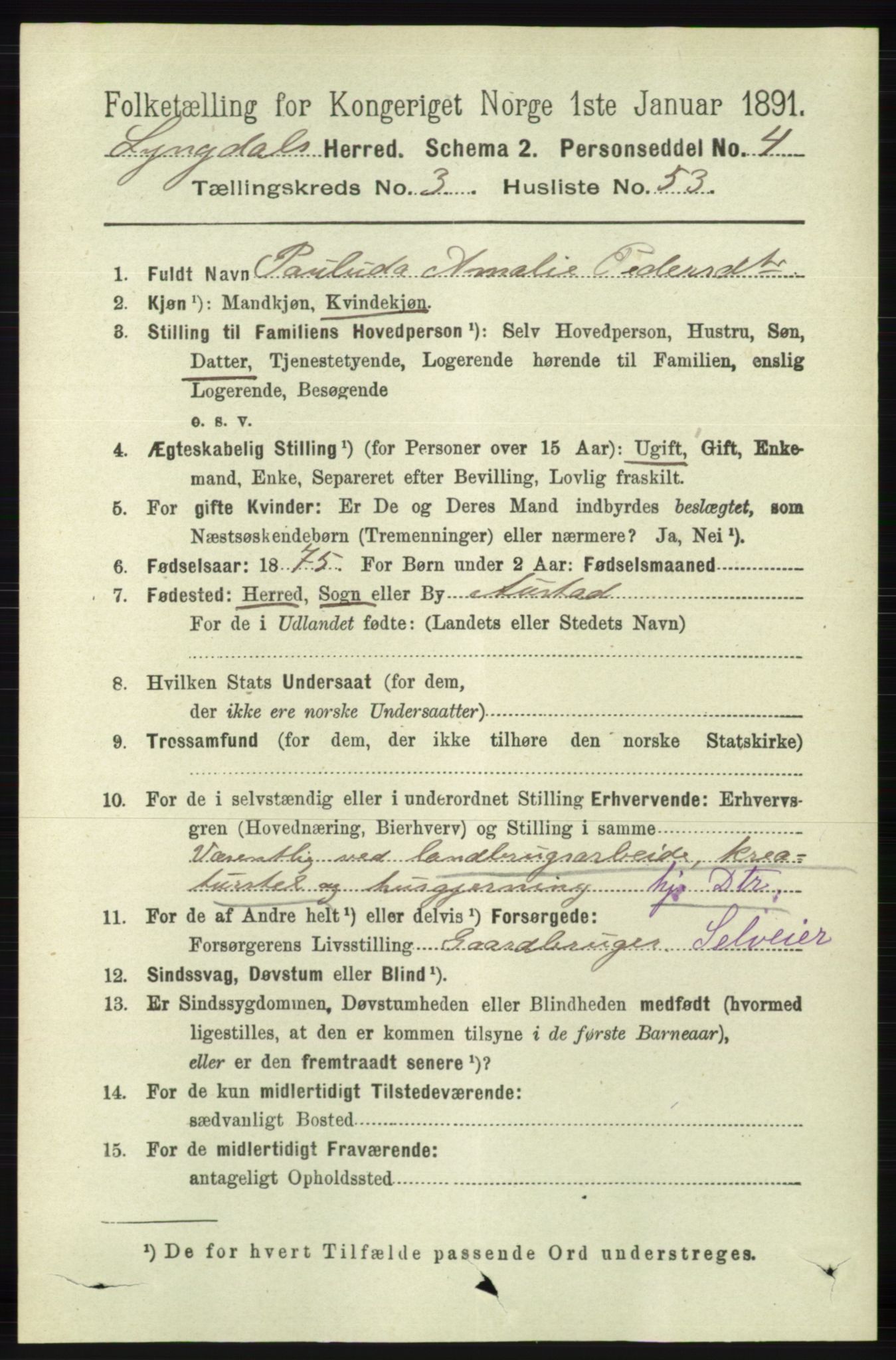 RA, 1891 census for 1032 Lyngdal, 1891, p. 1345