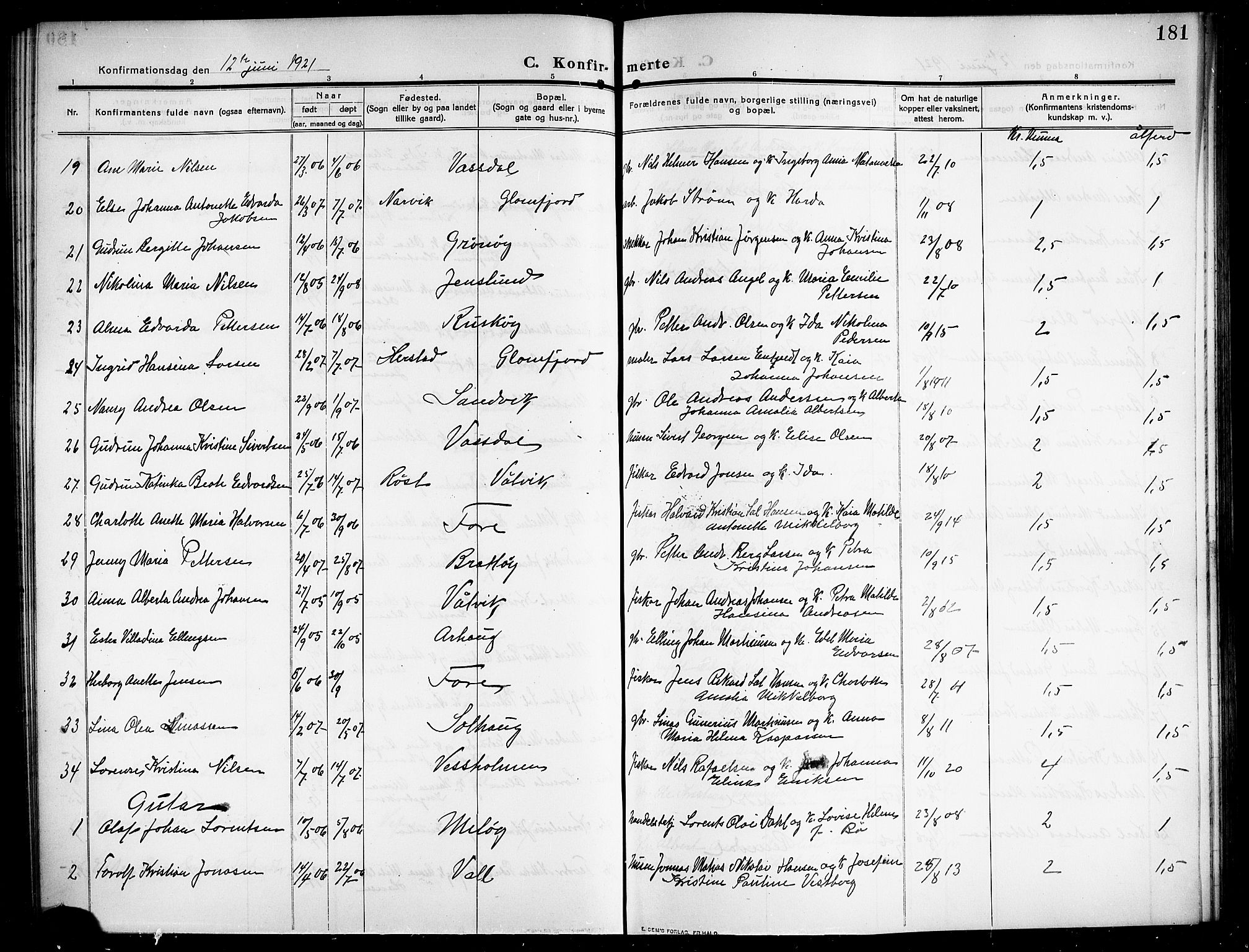 Ministerialprotokoller, klokkerbøker og fødselsregistre - Nordland, AV/SAT-A-1459/843/L0639: Parish register (copy) no. 843C08, 1908-1924, p. 181