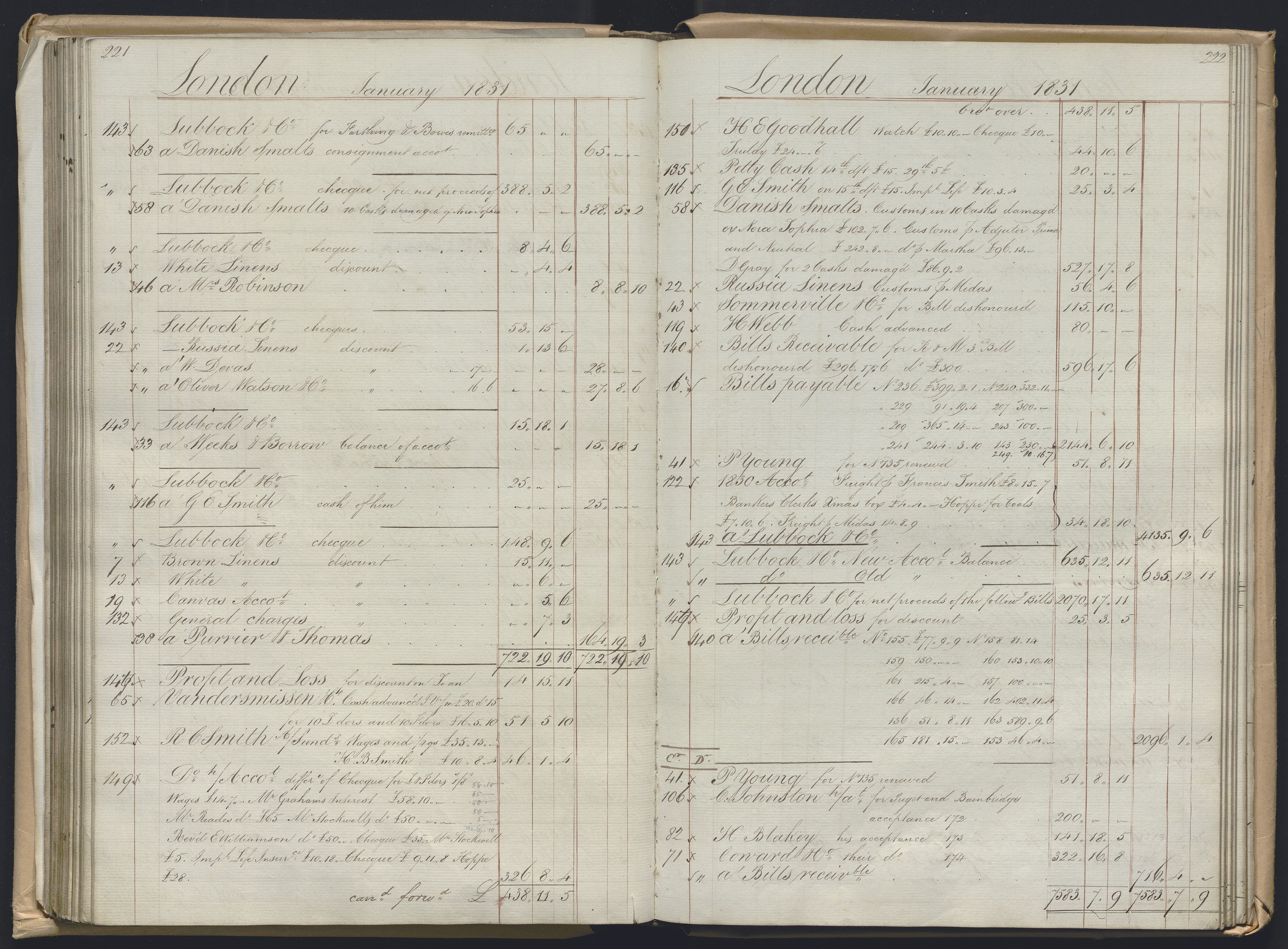 Smith, Goodhall & Reeves, AV/RA-PA-0586/R/L0001: Dagbok (Daybook) A, 1829-1831, p. 221-222