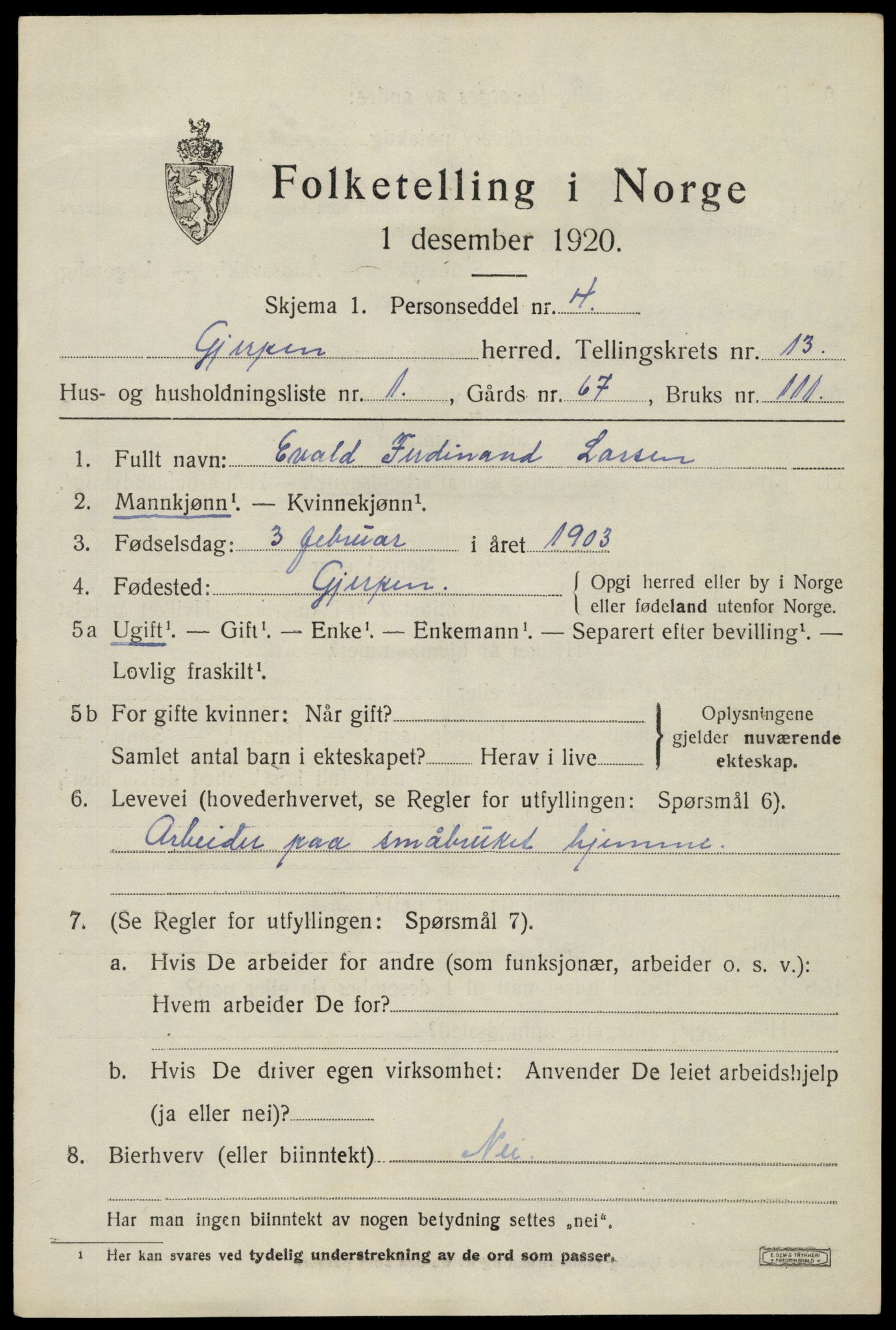 SAKO, 1920 census for Gjerpen, 1920, p. 14038