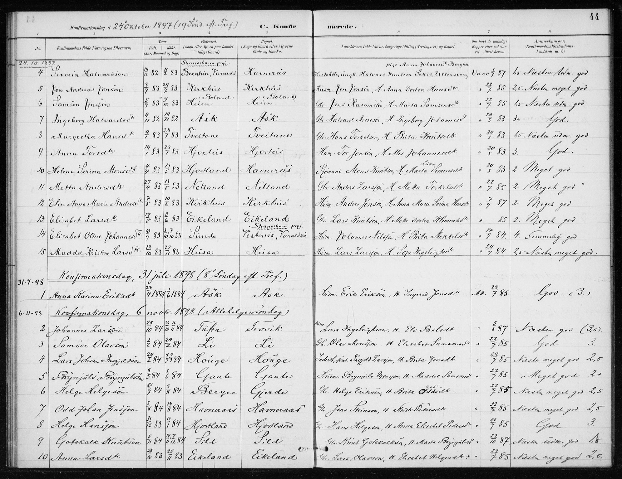 Kvinnherad sokneprestembete, SAB/A-76401/H/Haa: Parish register (official) no. C 1, 1885-1912, p. 44