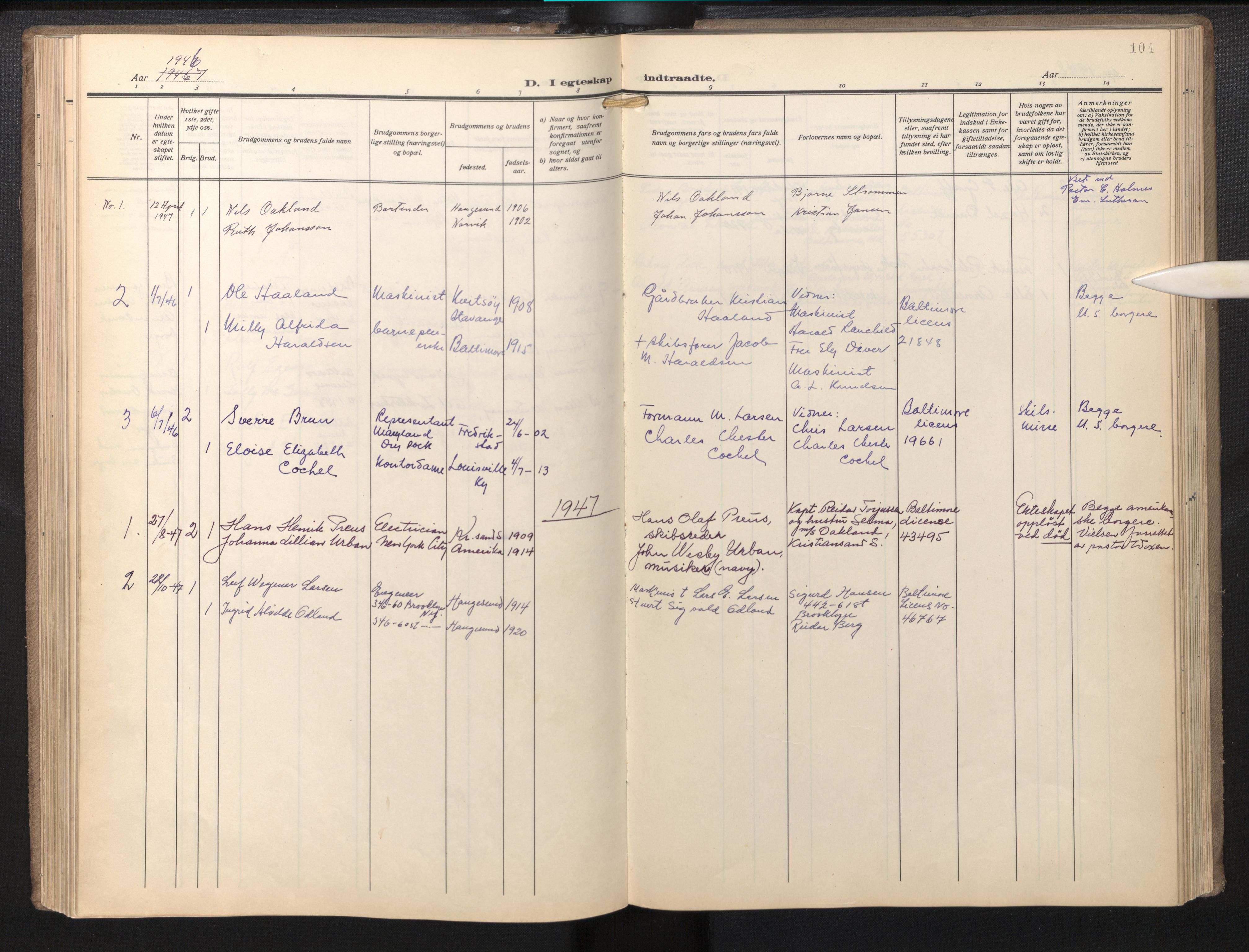 Den norske sjømannsmisjon i utlandet / Baltimore, AV/SAB-SAB/PA-0169/H/Ha/L0001: Parish register (official) no. A 1, 1927-1975, p. 103b-104a