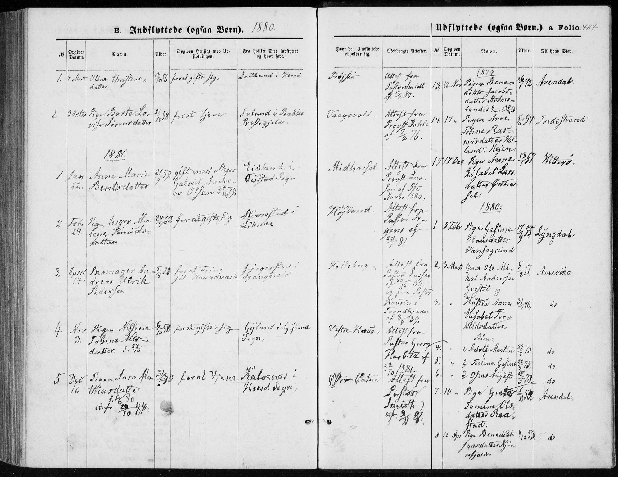 Lista sokneprestkontor, AV/SAK-1111-0027/F/Fb/L0004: Parish register (copy) no. B 4, 1877-1891, p. 484