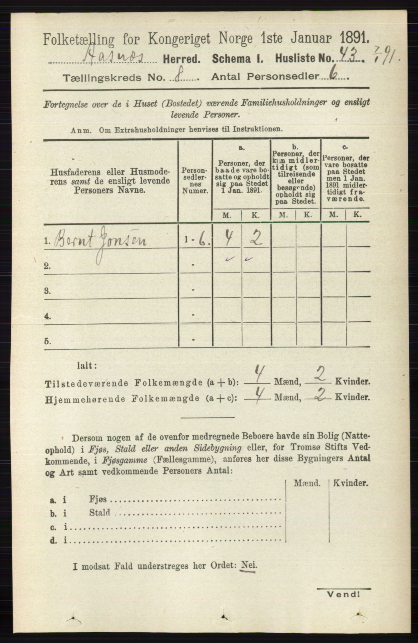 RA, 1891 census for 0425 Åsnes, 1891, p. 4164