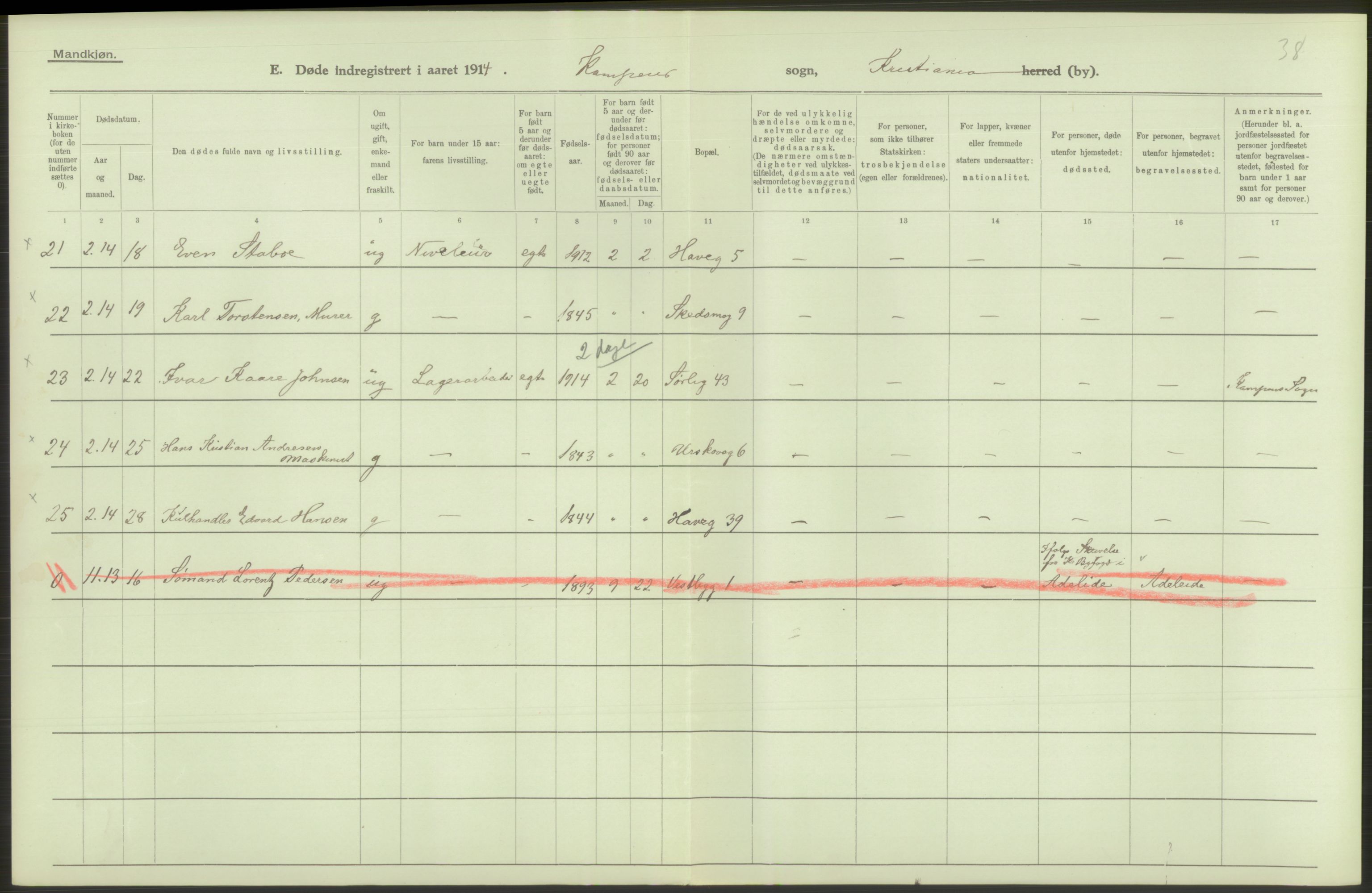 Statistisk sentralbyrå, Sosiodemografiske emner, Befolkning, AV/RA-S-2228/D/Df/Dfb/Dfbd/L0008: Kristiania: Døde, 1914, p. 430