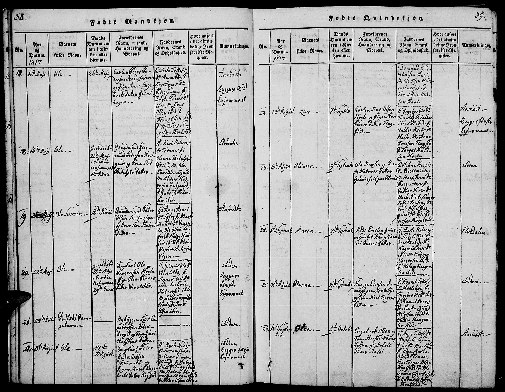 Åmot prestekontor, Hedmark, AV/SAH-PREST-056/H/Ha/Haa/L0005: Parish register (official) no. 5, 1815-1841, p. 38-39