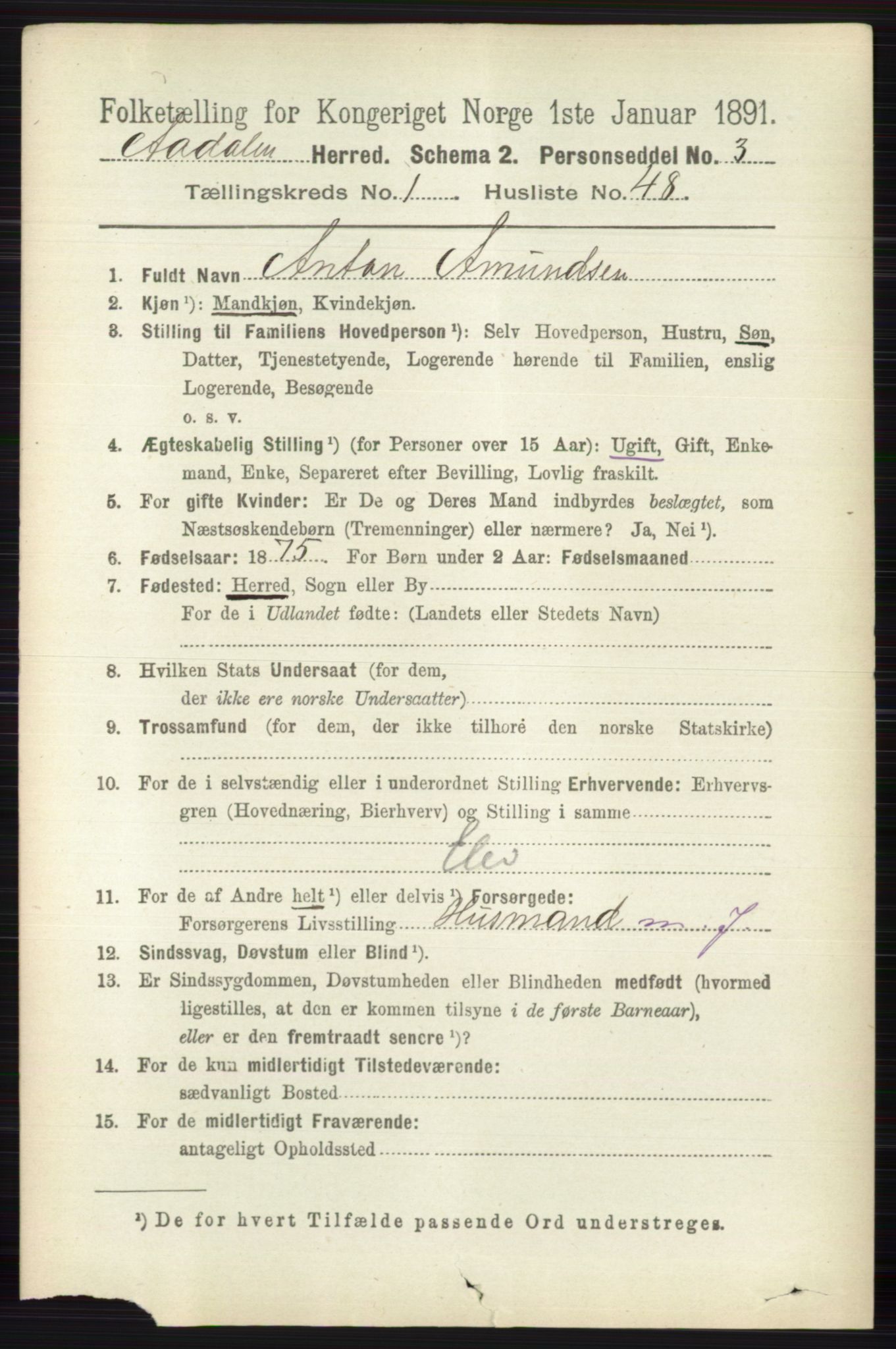 RA, 1891 census for 0614 Ådal, 1891, p. 582