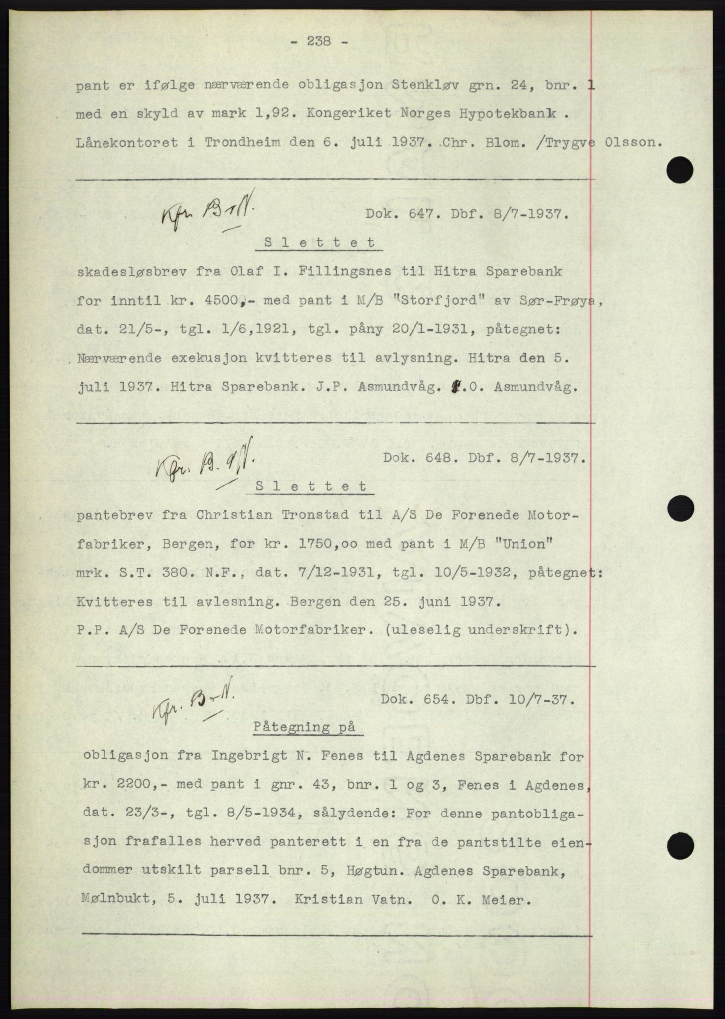 Hitra sorenskriveri, AV/SAT-A-0018/2/2C/2Ca: Mortgage book no. C1, 1936-1945, Diary no: : 647/1937